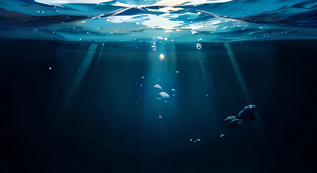 In the sea,Looking up at the sea surface from underwater,water bubbles,Fantastical,Sunlight shines in,no person