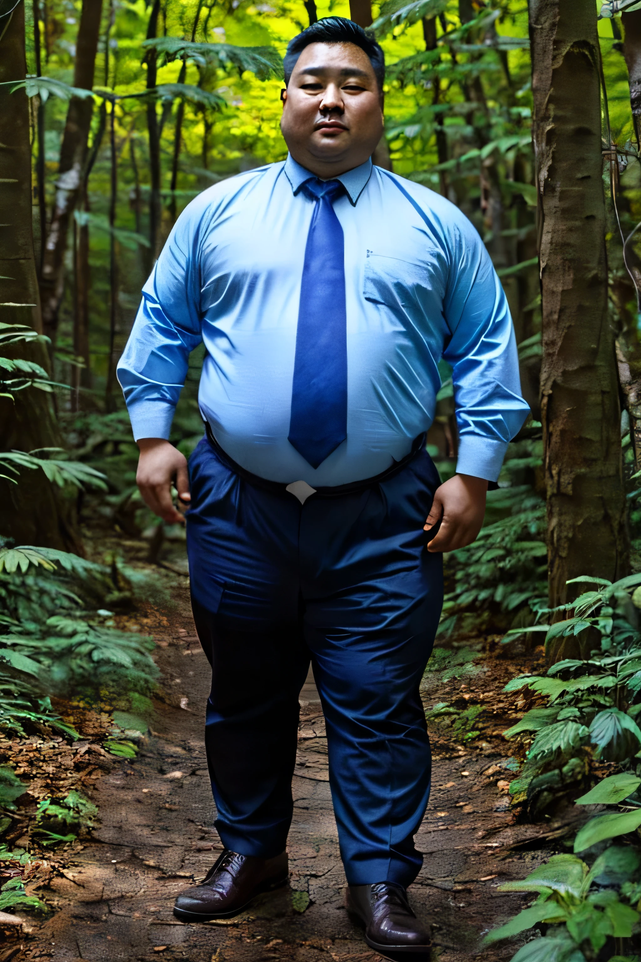 Fat Chinese man wearing light blue shirt and dark blue tie covers his belly with hands in the forest