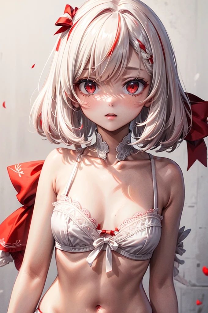 1girl, skinny, small breast, medium short fluffy hair, white hair, (red streaks hair), red eyes, white underwear, red small bow on bra, red small bow on panties