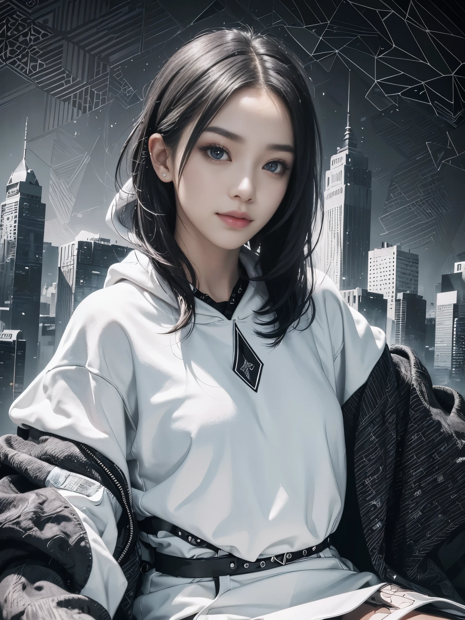 (Realistic:1.8), (Digital art:0.2), (Geometrical art, official art, beautiful and aesthetic, ultra detailed, beautiful, masterpiece, best quality:1.6), (1girl:1.2), Detailed face, Detailed eyes, Detailed hair, young fingers, Detailed fingers, five fingers,
_
BREAK cute ig model, Japanese cute model, 22 years old, Tightened all body, small head, small face, small mouth, diamond Face, small nose, Sharp Faceline, (dropy eyes, Double eyelid, Light color eyes, Glossy eyes, Shiny eyes:1.2), Shiny skin, shiny hair,
_
BREAK (happy, smile, Teeth, Glossy Lips), beautiful Teeth, (upper body:1.5), from front,
_
(background:1.2), (minimalistic black and white cityscape:1.2),
(pose:1.3), (confident sitting with arms crossed:1.3), (camera focused on upper body:1.2),
(view:1.2), (close-up emphasizing sweatshirt details:1.2),
BREAK
(black theme:1.2), (oversized black hoodie with geometric cutouts and patterns:1.2), (white skinny leggings with subtle geometric patterns:1.2),
