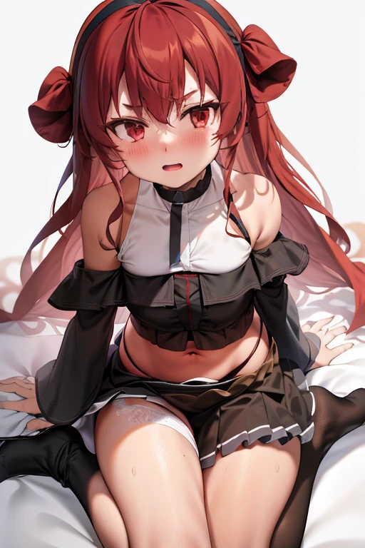 pantyjob, panties on penis, eris greyrat, 1girl, ahoge, bangs, bare shoulders, black footwear, black hairband, black skirt, closed mouth, frilled skirt, frills, hairband, long hair, long sleeves, looking at viewer, object hug, pantyhose, red eyes, red hair, shirt, sidelockackground, skirt, solo, stuffed animal, stuffed toy, teddy bear, very long hair, white background, white pantyhose, white shirt, commentary request, anho, mushoku tensei