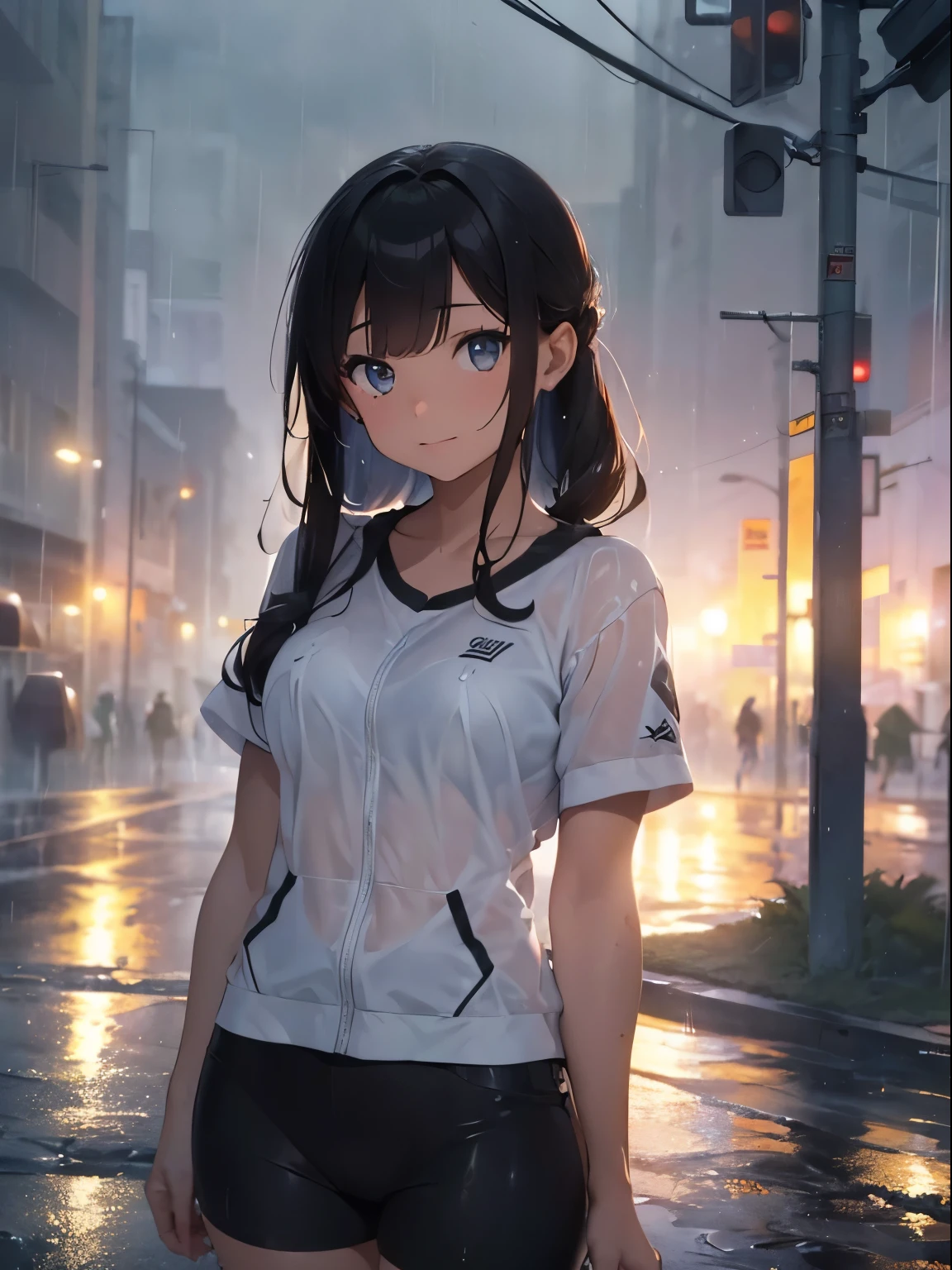 ((best quality, 8k, Standing in the rain, Textura altamente detalhada do rosto e da pele, Olhos detalhados.)