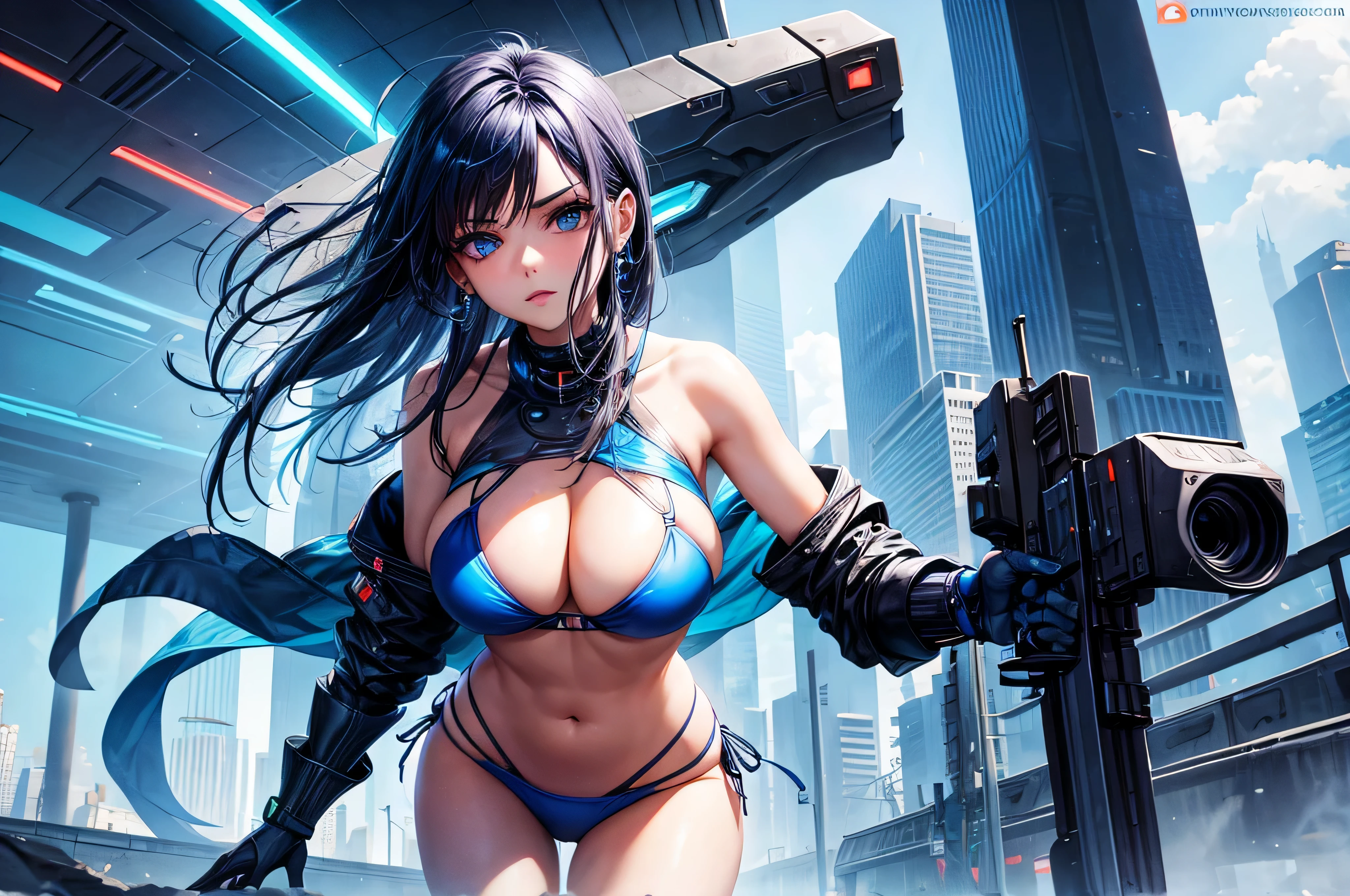 mujer hermosa, ojos azules , en bikini , estililo cyber punk en la ciudad