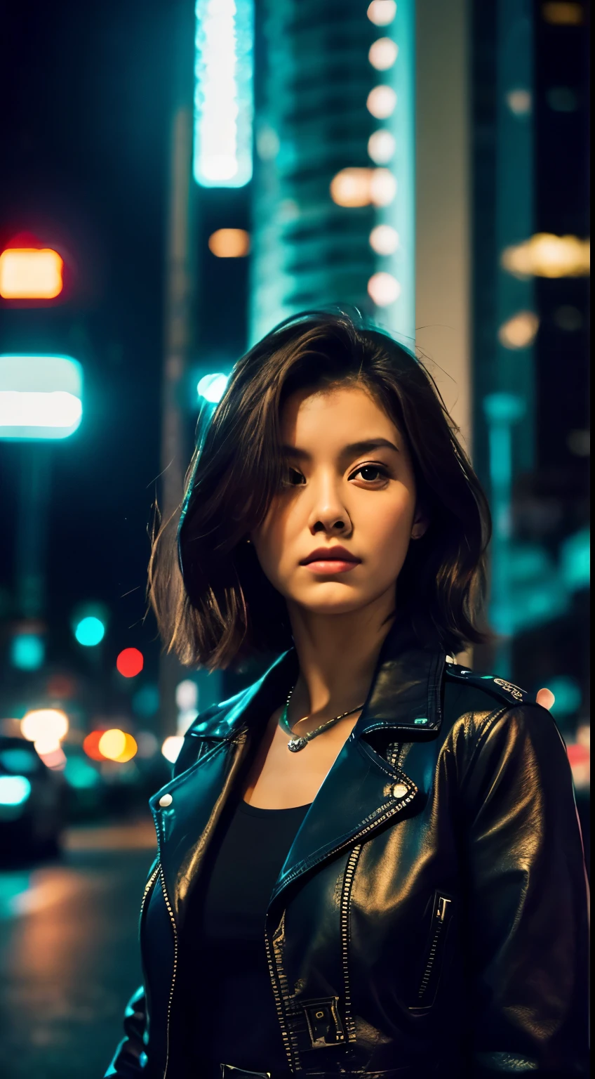 Portrait of anjo as a beautiful female model, georgia fowler, beautiful face, with short dark brown hair, in cyberpunk city at night. She is wearing a leather jacket, black jeans, dramatic lighting, (police badge:1.2)