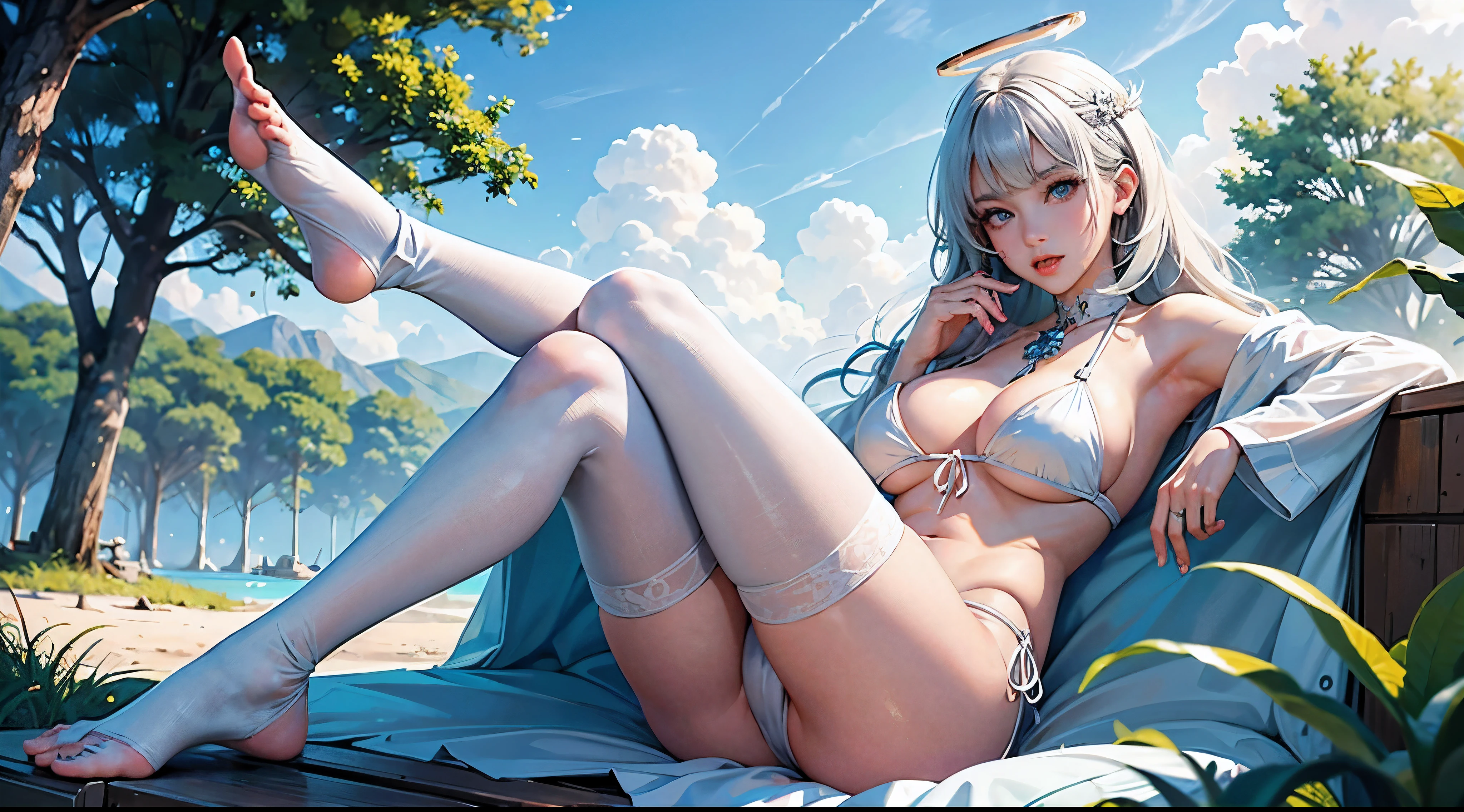 Best quality,navel,比基尼,hand on her own chest,The halo,Full body lesbian,Big blue eyes,Raised sexy,8K,,Bess,On the beach,lace panty hose,with her mouth open,Open your legs,可爱的Bigchest鼻子,可爱的Bigchest,The mouth is relatively large,The legs are relatively long,Bigchest,The eyes are relatively large,Long gray hair,The eyeballs are relatively large,sparkle in eyes,Naked foot,The nose is relatively large,white color hair,no shoe,Pretty big breasts,比基尼,at a forest,legs long,可爱的Bigchest脸,Vaginal thrust by,