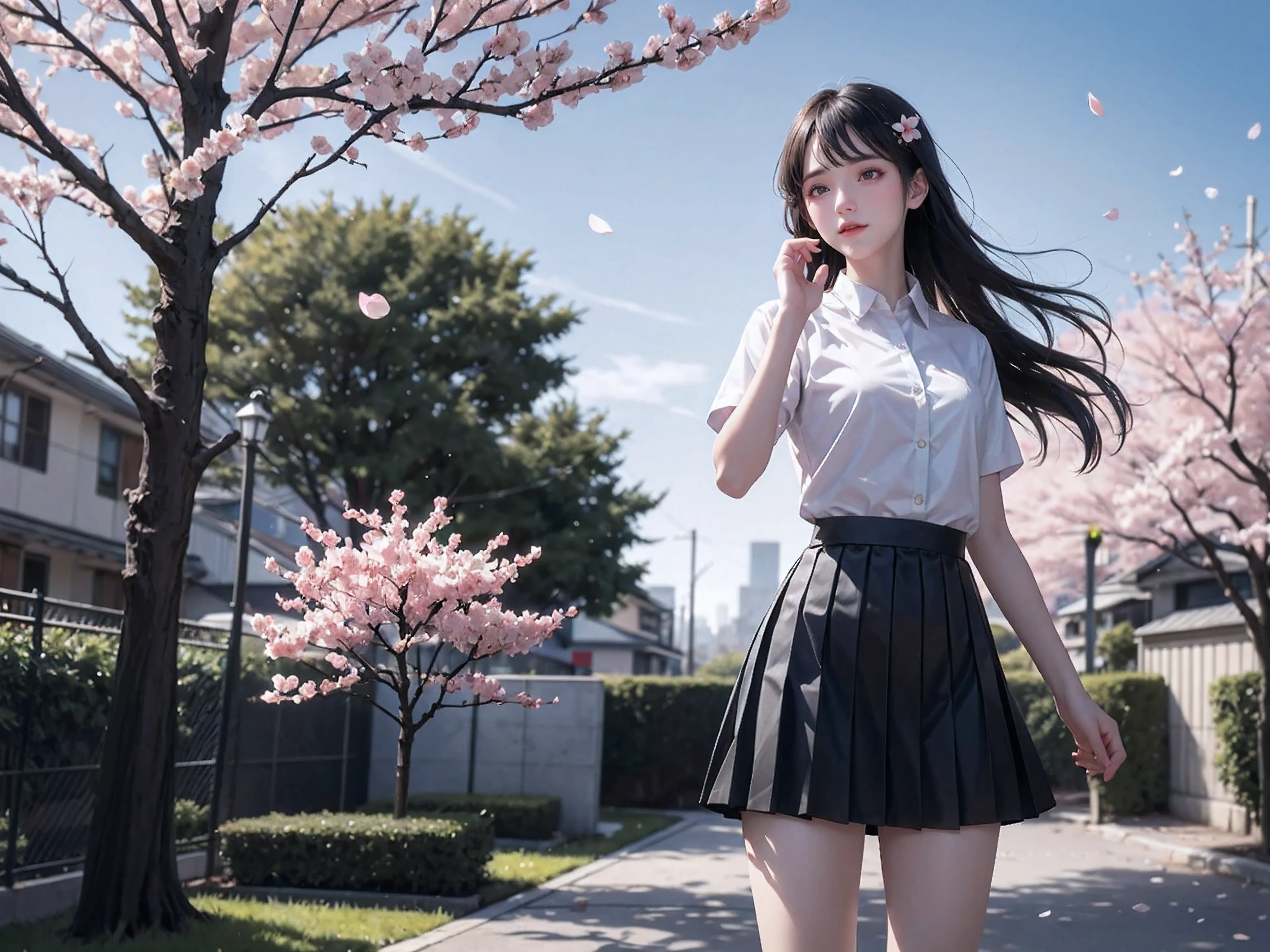 1个Giant Breast Girl, black a skirt, Branch, buliding, chain-link zaun, SakuraNS, zaun, long whitr hair, Outdoor activities, petals, pleated a skirt, Sateen, The shirt, short- sleeved, a skirt, Alone, Permanent, The tree,
Skysky,sThe treet