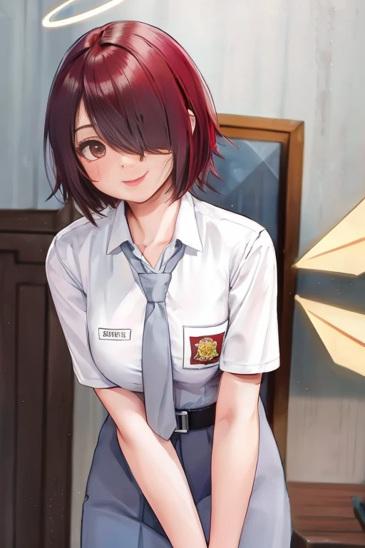 (Intricate Details, Masterpiece, Best Quality, hyper Realistic High Resolution, 8k), (1girl), (girl:1.2), beauty face, finely detailed eyes and face, toned body, feminime appeal, commanding presence, hot stud, bulging biceps and triceps, well-developed quadriceps and hamstrings, light skin, burgundy straight layered bangs hair, aquamarine eyes, sweet smile, ornate details, portrait, solo, half shot, looking down, detailed background, detailed face, finely detailed background, Depth of Field, young man and beautiful