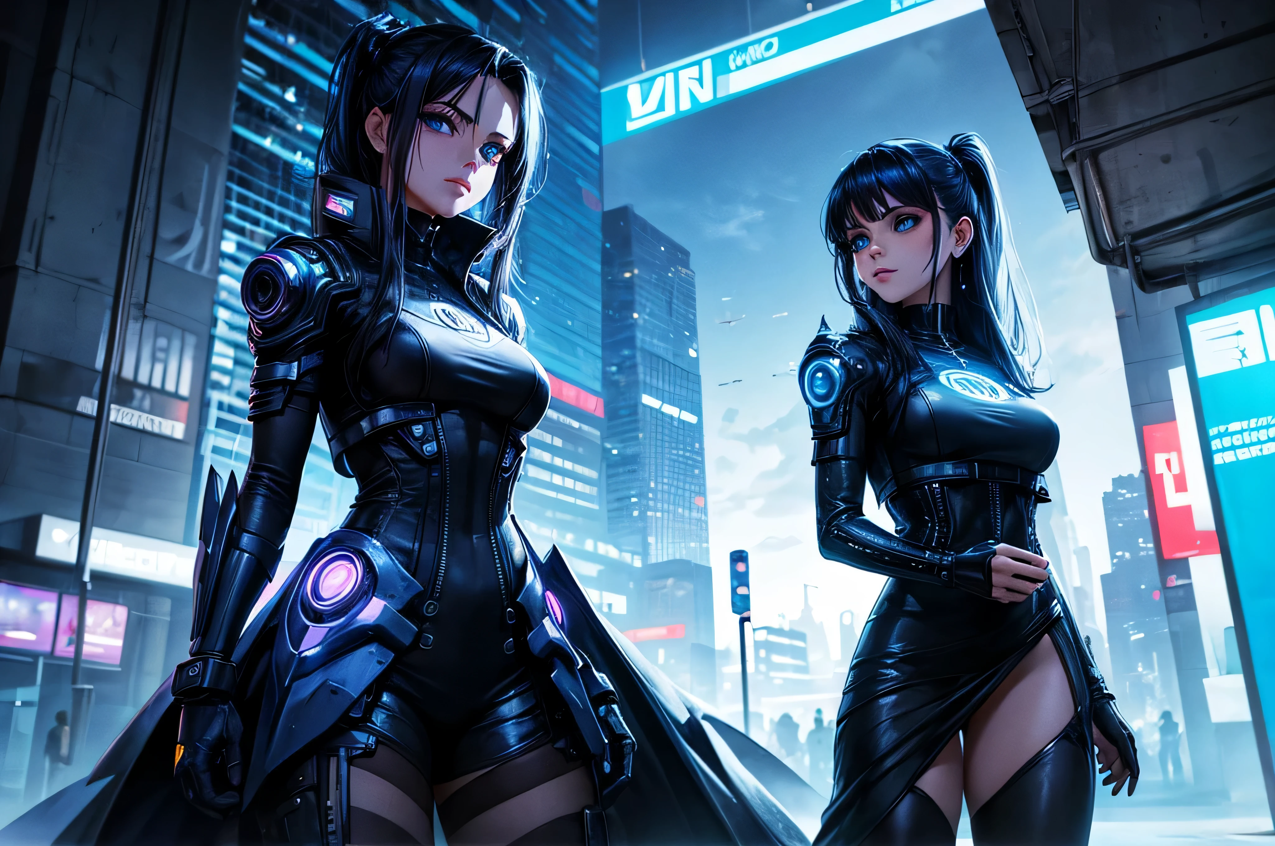 mujer hermosa, ojos azules , en vestido , estililo cyber punk en la ciudad