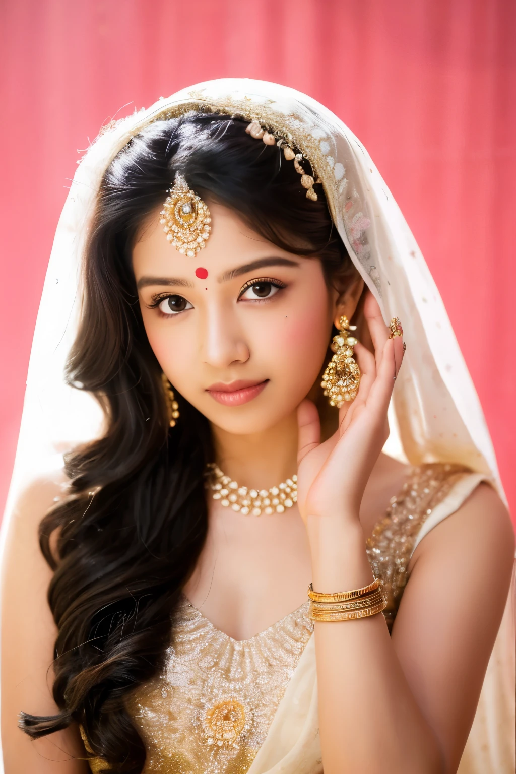 A girl adorned in traditional Indian attire. Indian wedding photoshoot. ((Perfect face))