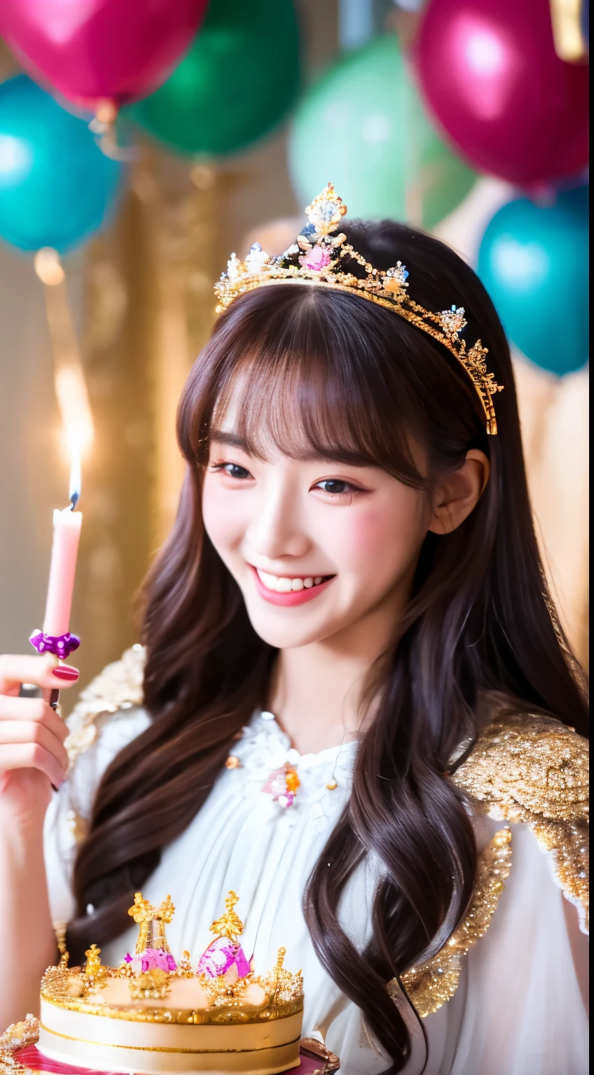 Beautiful 8K Ultra HD Professional Photography, Sharp Focus, In a stunning fantasy world, Beautiful Korean teenage girl wearing a crown,A gem of a birthday cake, Joyful smile, on a luxurious palace,Huge cake,There are candles and confetti, Huge Birthday Cake, Jewels shining above