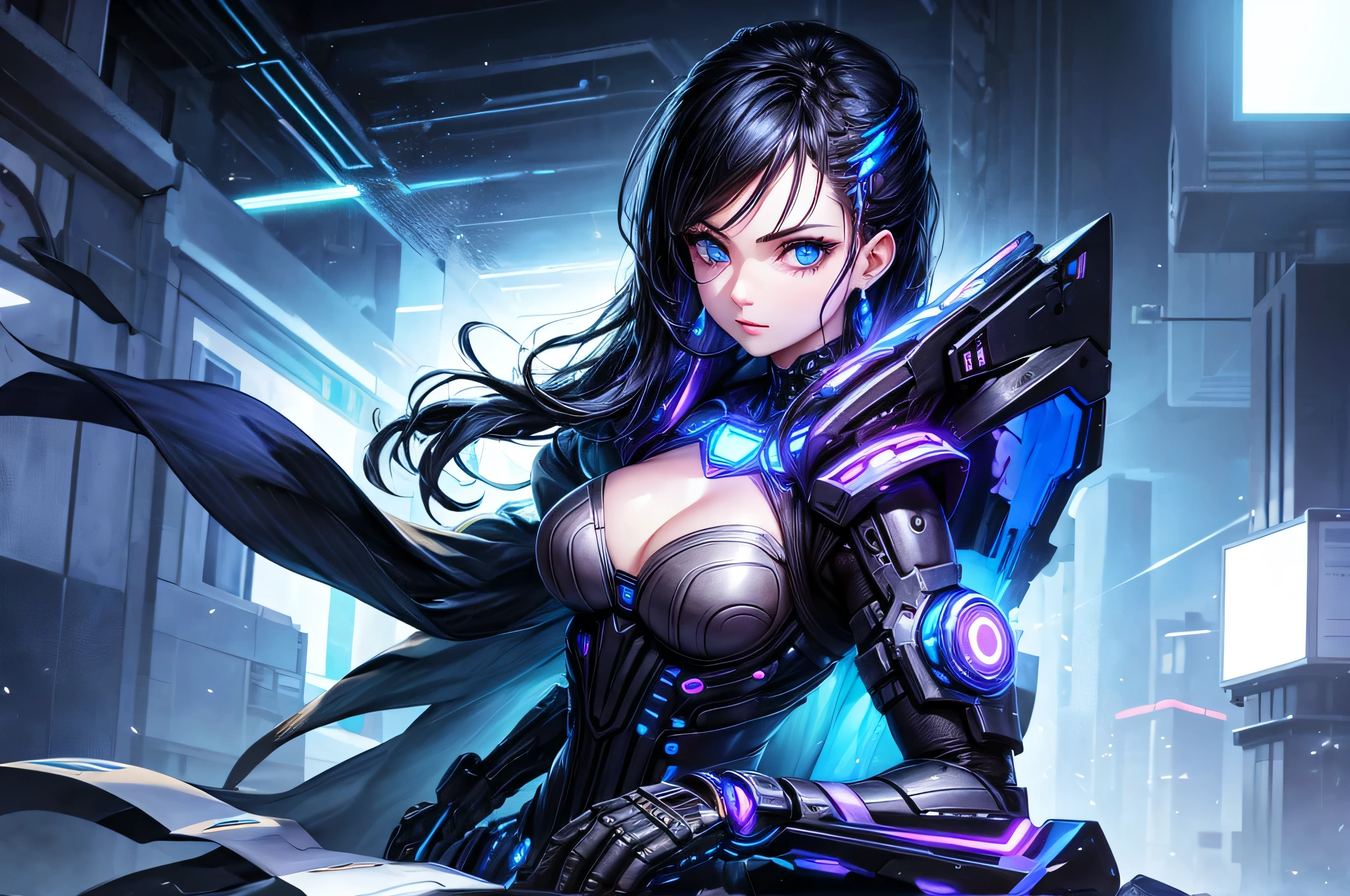 Warframe, tgirls, length hair, black hair, Vivid, The background is the battlefield, HD images, Light smile --auto --s2