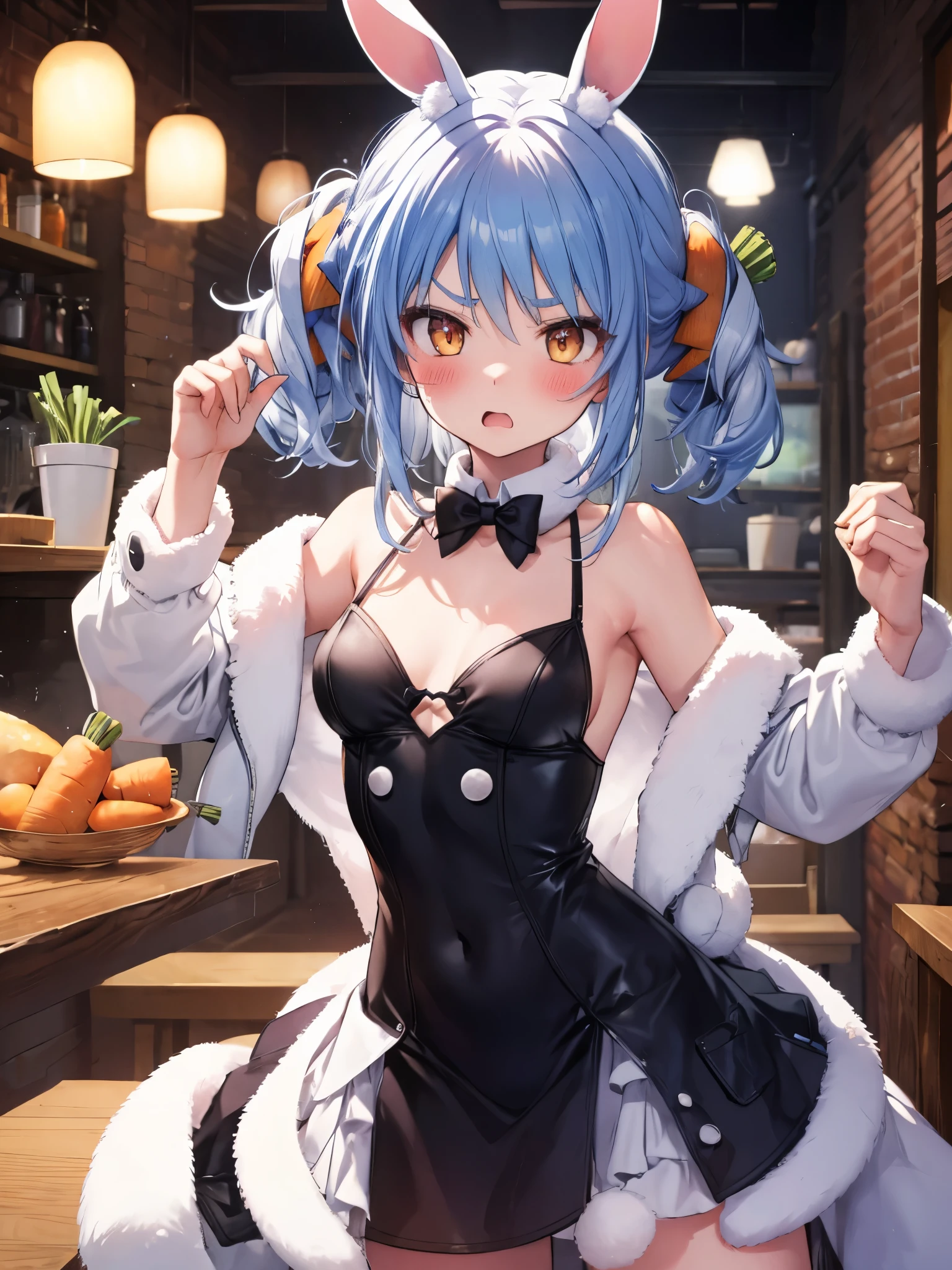 Angry face, blue hair, rabbit, medium breasts, yellow eyes, blush, carrot on hair,