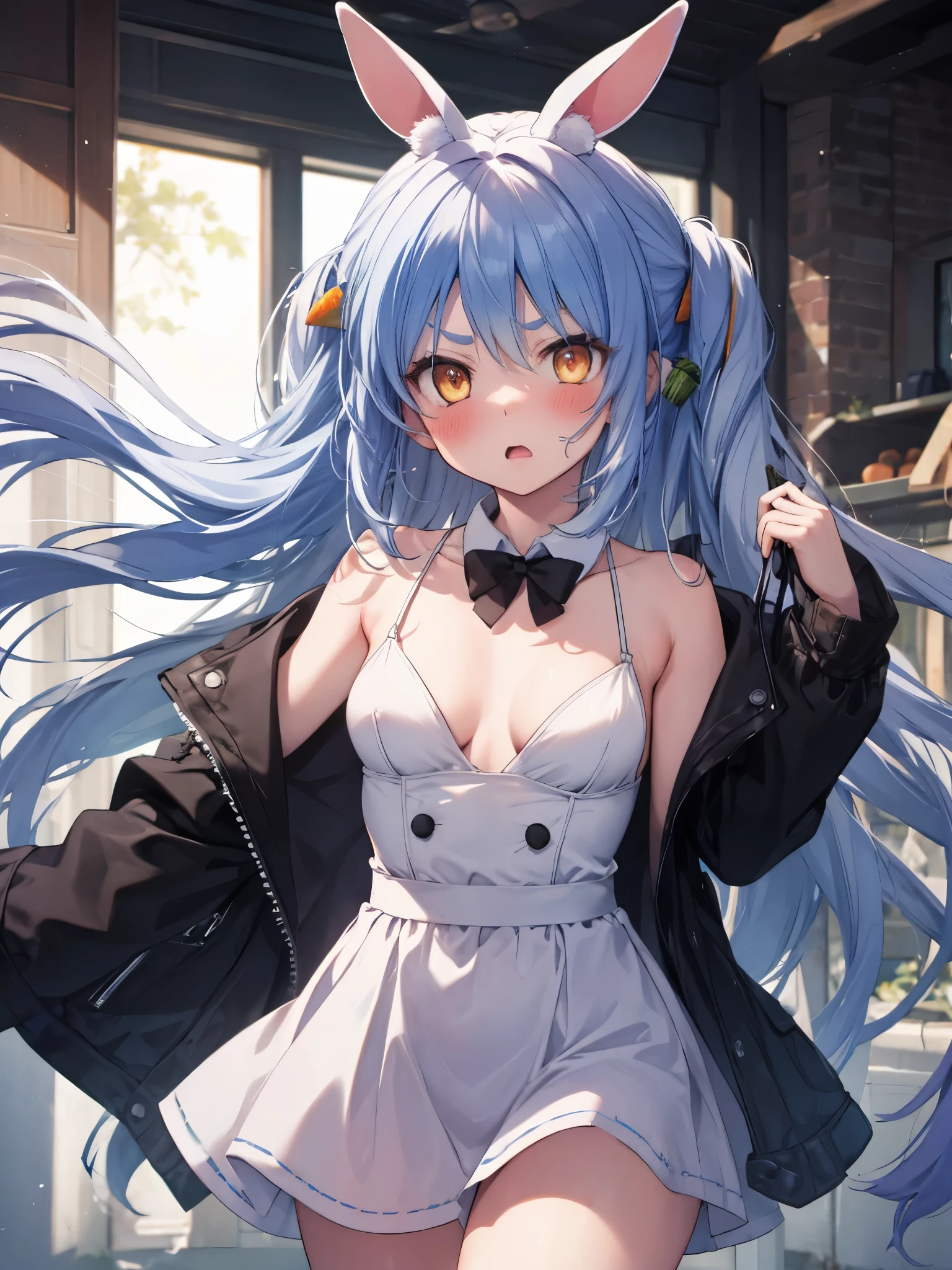 Angry face, blue hair, rabbit, medium breasts, yellow eyes, blush, carrot on hair,