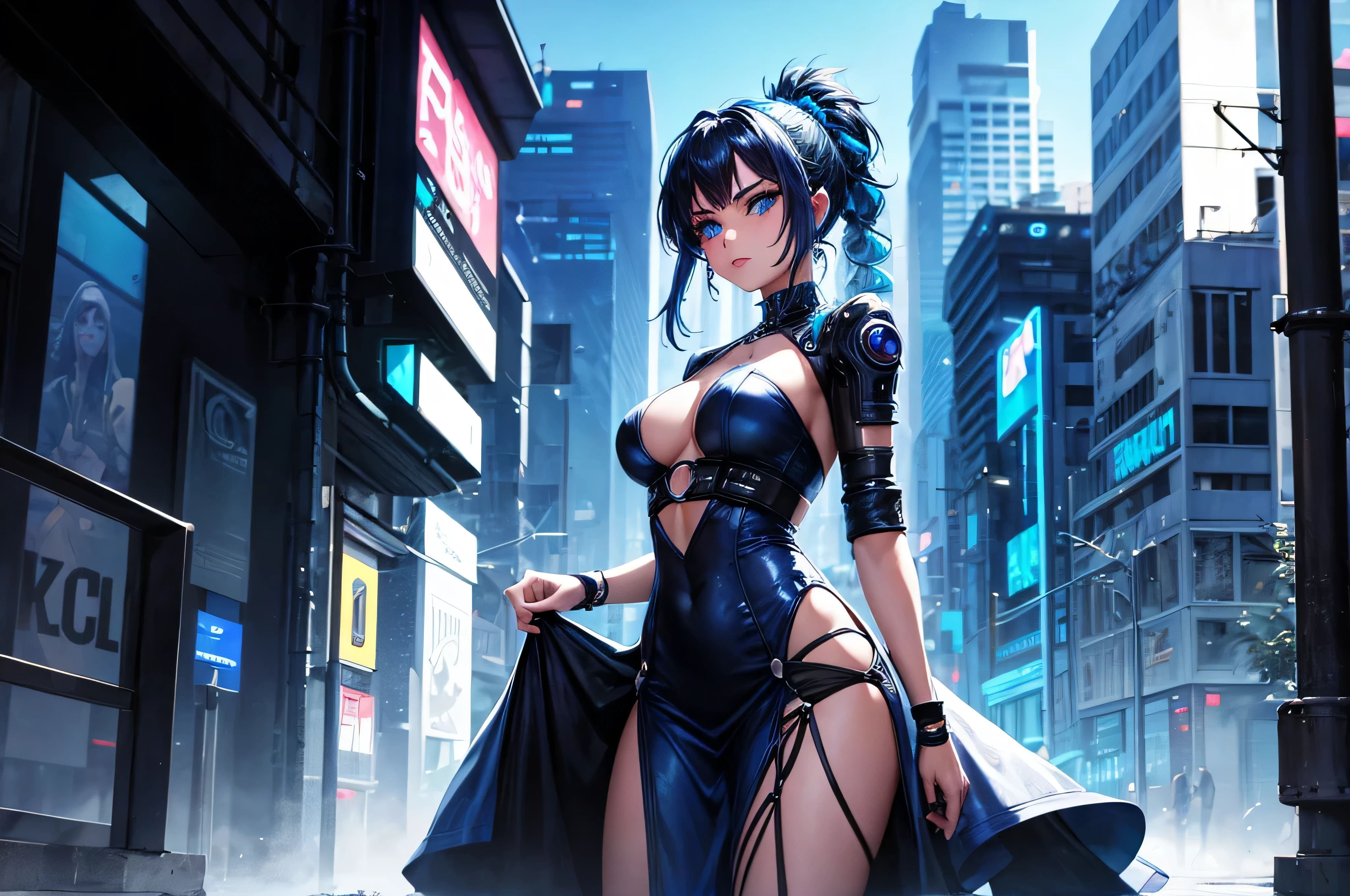 mujer hermosa, ojos azules , en vestido , estililo cyber punk en la ciudad