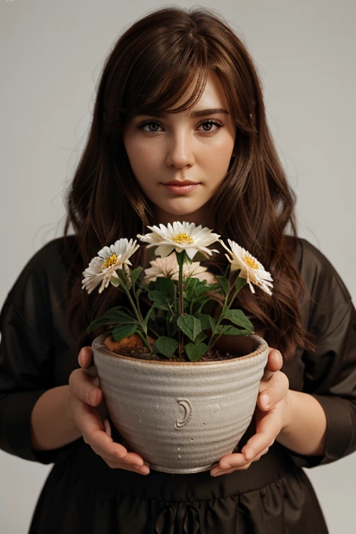 Denvushka, brown hair color, in the hands of a pot of flowers, 3D picture, white background