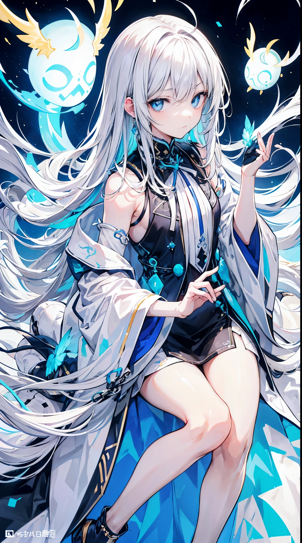 Best quality at best、On the table、The face is perfect、8K high resolution、(1 boy), and soul, and soulの男の子, The white头发, long whitr hair、light blue eyes, Wear long, The white, Open-top coat, Fixed black waistband、was wearing a The white hood, The white and gold outline, Other upper back wear Ichijo Kinryoko, Serious, 8K, tall, and soul、 Full body illustration,