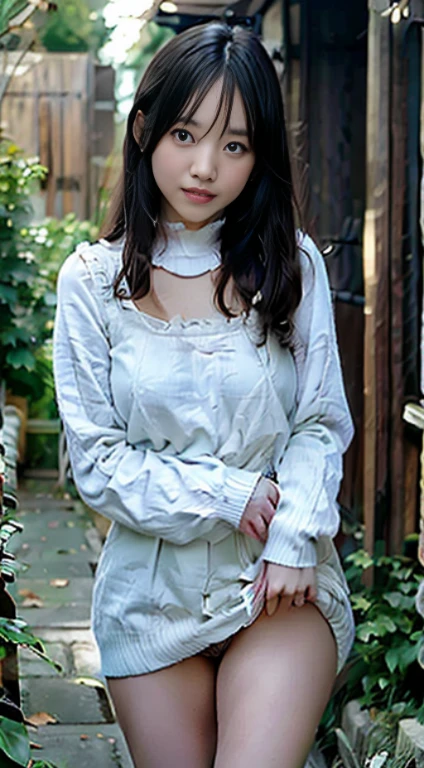 Top image quality、4K picture quality、Best Quality、Colossal tits、g-cup、22year old、japanes、Short stature、Wearing a white blouse with long sleeves and collars、she is wearing a brown pleated miniskirt.、Thin leg、Standing in a dark alley,Composition of the whole body,Draw a face