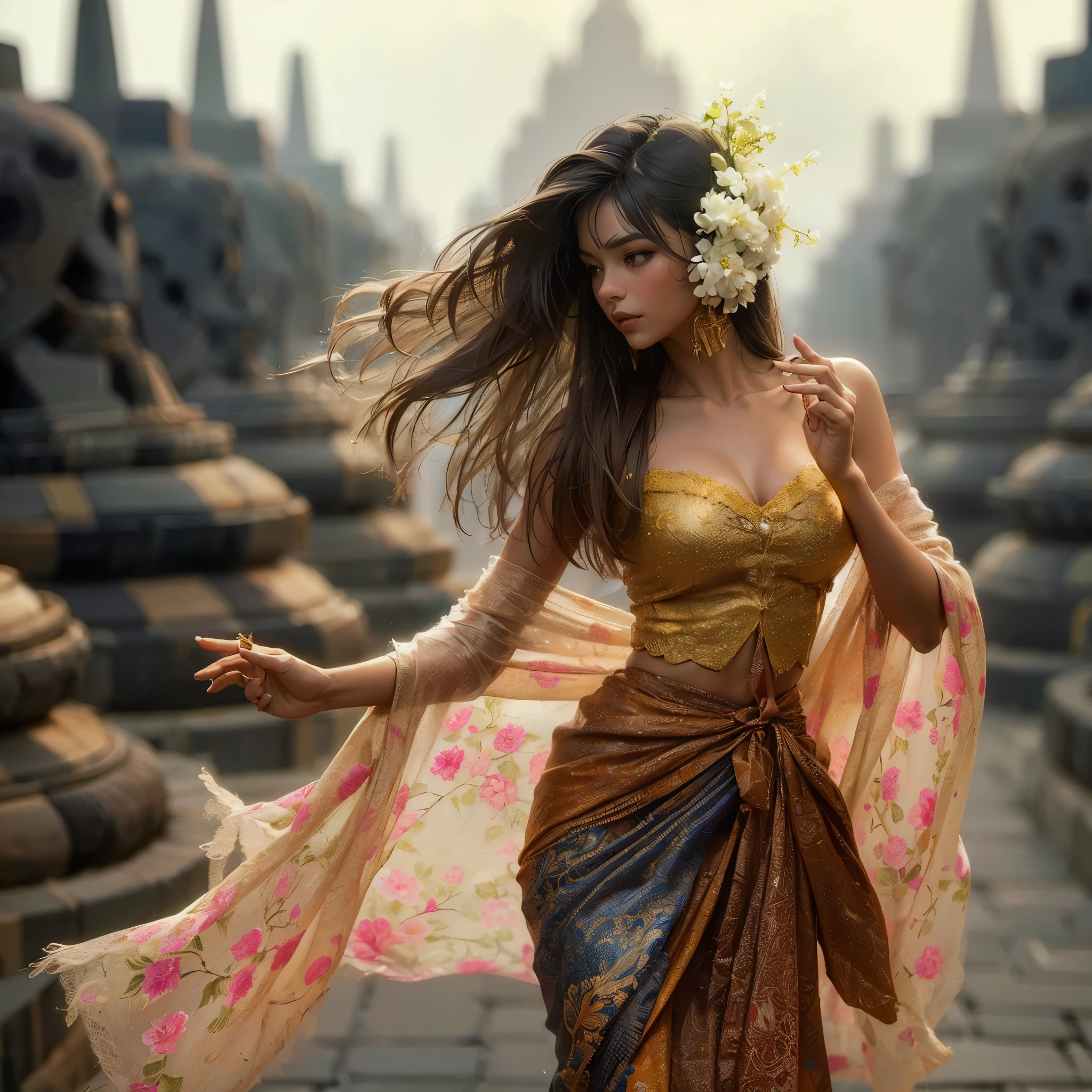 arafed woman with large breast in a colorful dress sitting on a stone structure, traditional beauty, beautiful oriental woman, karol bak uhd, with beautiful exotic, beautiful goddess, beautiful digital artwork, jaw-dropping beauty, by Rudy Siswanto, beautiful model, 8k)), beautiful woman, wearing ornate clothing, a beautiful fantasy empress, stunning woman, beautiful asian girl, masterpiece, best quality:1.2),,(8k,highres,RAW photo,realistic,photo-realistic:1.3),(detailed skin texture,detailed cloth texture,beautiful detailed face:1.25),professional lighting,photon mapping,beautiful soft light,radiosity,physically-based rendering,raytracing, model shoot style, model shoot style, (extremely detailed CG unity 8k wallpaper), full shot body photo of the most beautiful artwork in the world