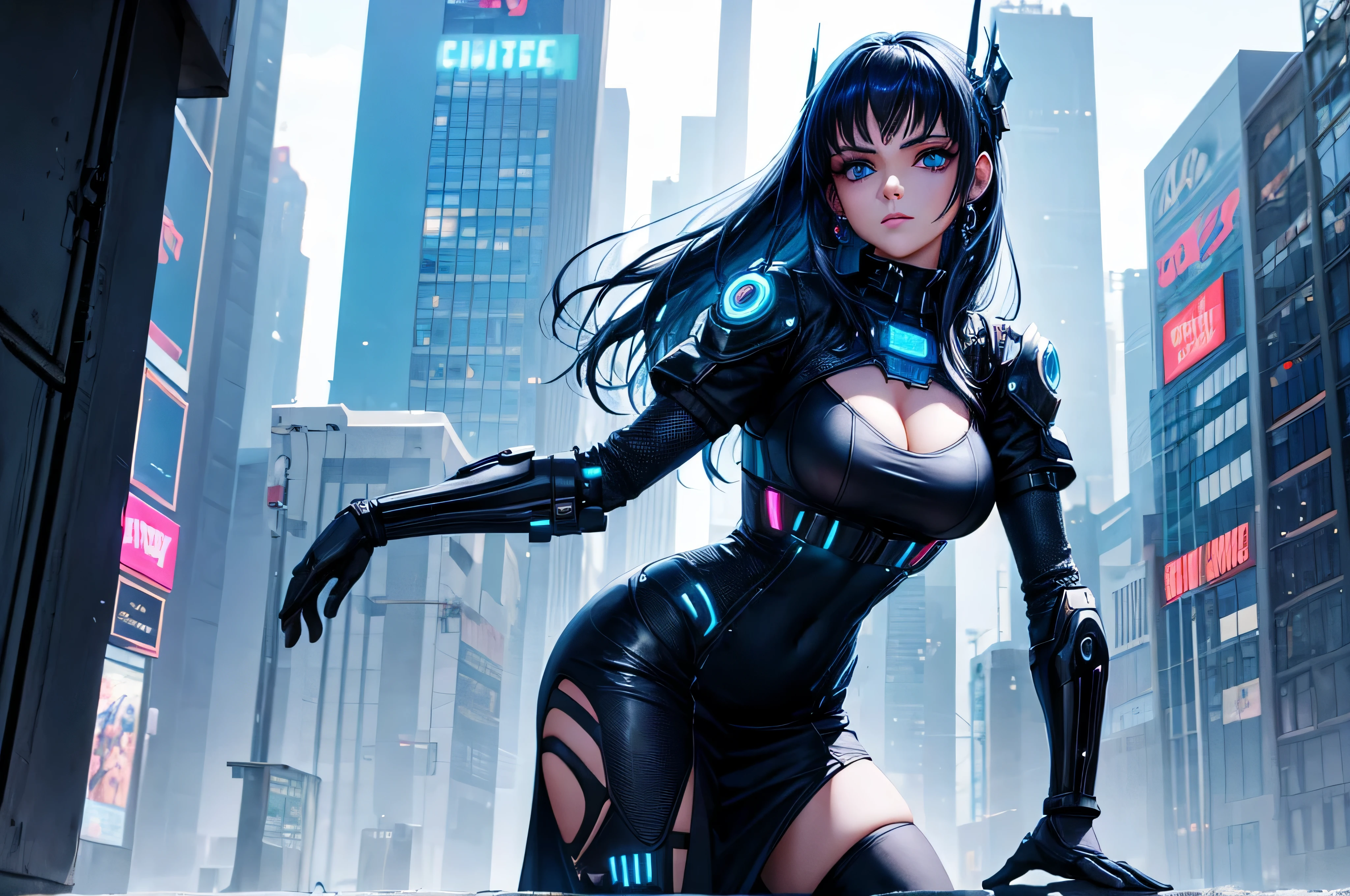 mujer hermosa, ojos azules , en vestido , estililo cyber punk en la ciudad