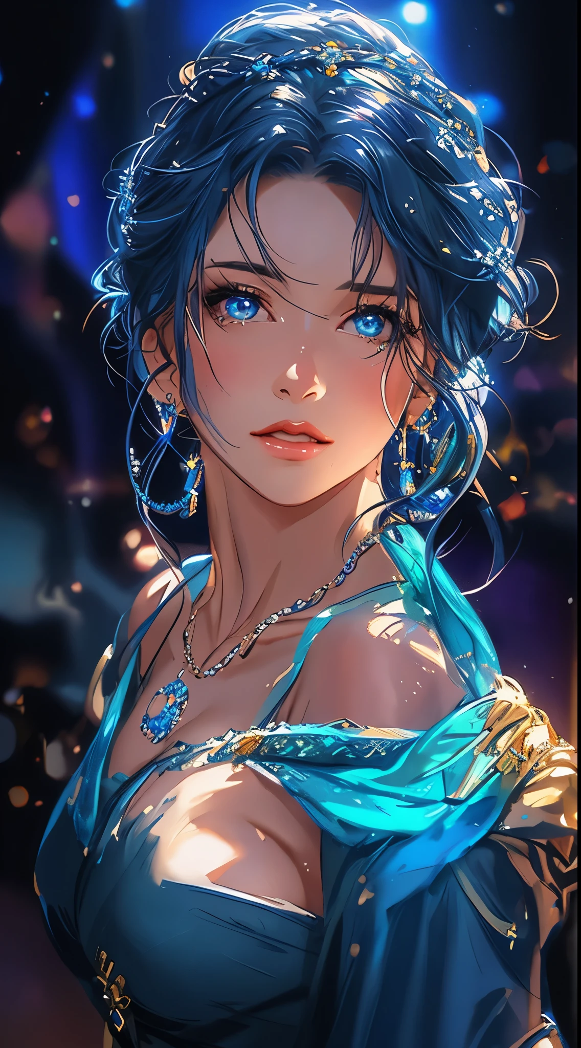 arafed image of a woman in a blue dress with a necklace and earrings, detailed painting 4 k, beautiful digital artwork, gorgeous digital painting, stunning digital illustration, realistic digital art 4 k, realistic digital art 4k, beautiful character painting, beautiful art uhd 4 k, 4k highly detailed digital art, 8k stunning artwork, beautiful fantasy art portrait