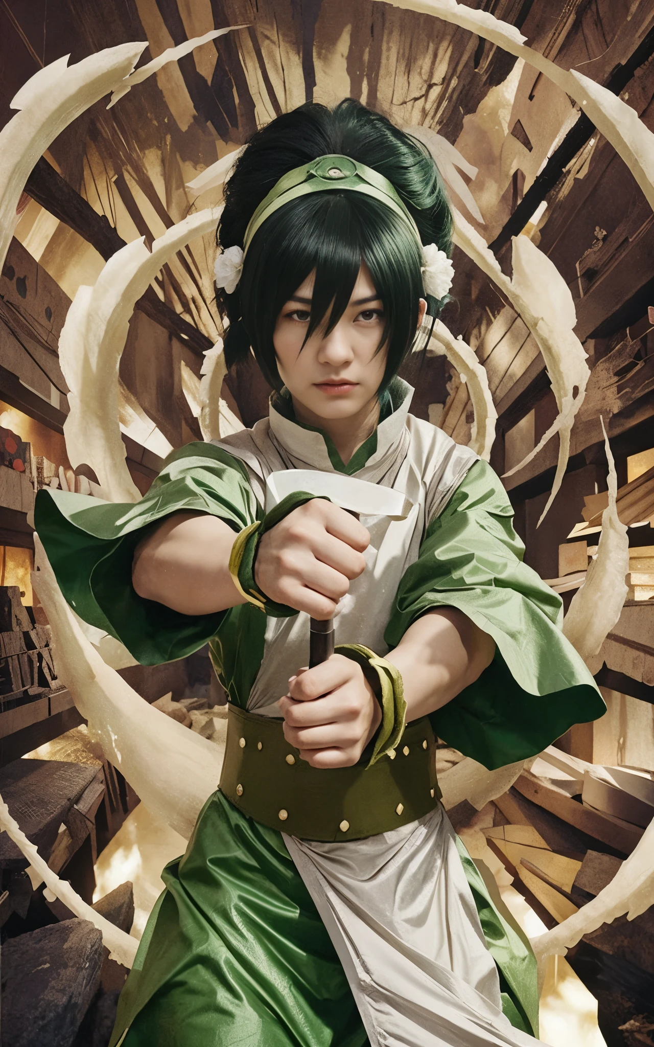 a man in a green and white outfit holding a knife, toph bei fong, atla, akira from chinese mythology, avatar image, portrait of avatar korra, inspired by Chen Jiru, jin kagetsu, avatar the last airbender, goku as an asian man, legend of korra, official art, hq artwork, anime cover, beautiful avatar pictures