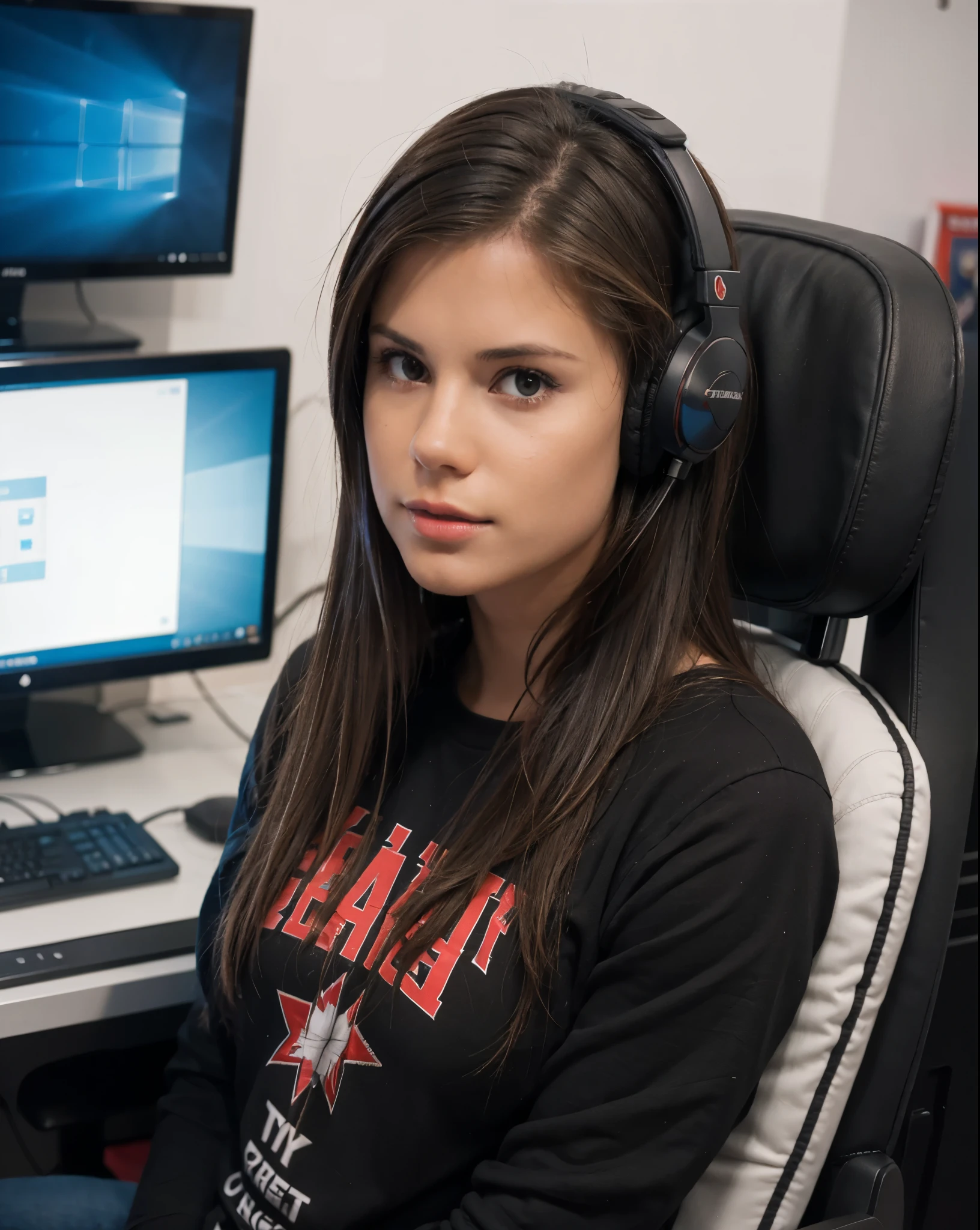 little_Caprice sentada en una silla gamer frente a un monitor enorme de pc lista para jugar videojuegos toda la noche, sudadera amplia , auriculares que cubren su orejas,