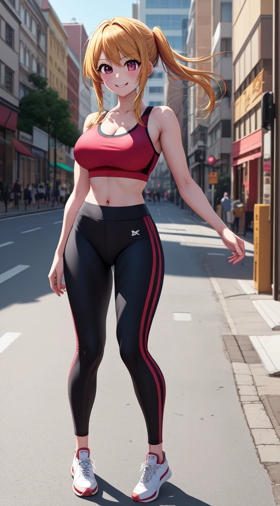 anime, beautiful face, highly detailed face, 2 accurate legs detailed eyes, highly detailed background, perfect lighting, accurate arms, accurate hands, accurate fingers, blonde hair, full body, 1girl, solo, ruby hoshino, oshi no ko, outdoors absurdres, high res, ultrasharp, 8K, masterpiece, looking at viewer, (full body:1.4), teasing smile, gym clothes, tight sports wear, playing sports, cleavage,