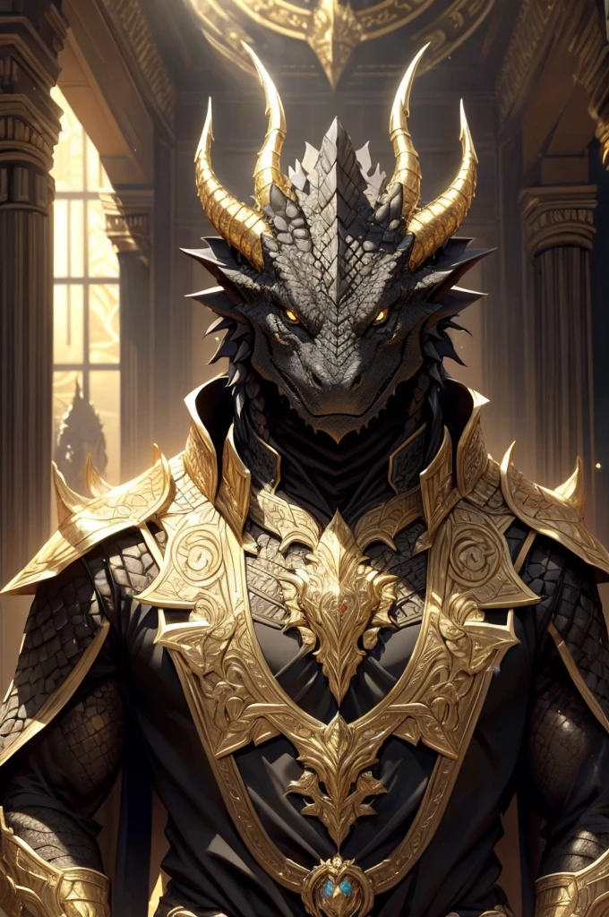 (black dragonborn, male, golden horns, solo portrait, black scales, scales, reptilian face, res eyes) tail, buff, golden armor, golden chest armor, golden gauntlets, golden gauntlets, black cloak, black robes, inside, books, close-up, standing outside, good lighting, daytime, infront of temple ((masterpiece, best quality)), art by greg rutkowski