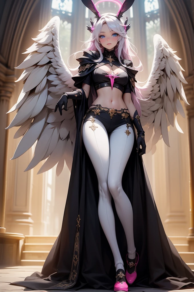 {-erro_de_anatomia:1.0} woman, solo, long hair, , sideboob, areola,white hair, white stockings, pink heart-shaped wings, compass rose halo, wings, navel, gloves, bunny ears, diaphragm, magic circle, asymmetrical legwear, angel, angel wings, small pink wing, animal ears, very long hair, blue eyes, pink wings, big breasts, pants, single shoe, feathered wings, blue eyes, shoes, high socks, crop top pink, cross, white hair, looking at the viewer
