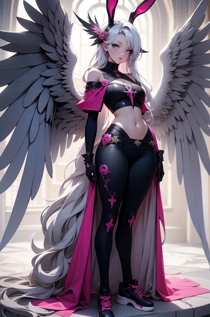 {-erro_de_anatomia:1.0} woman, solo, long hair, breasts, sideboob, areola, long white hair, white stockings, pink heart-shaped wings, compass rose halo, wings, navel, gloves, bunny ears, diaphragm, magic circle, asymmetrical legwear, angel, angel wings, small pink wing, animal ears, very long hair, blue eyes, pink wings, big breasts, mismatched pants, single shoe, feathered wings, blue eyes, shoes, high socks, crop top pink, cross, white hair, looking at the viewer