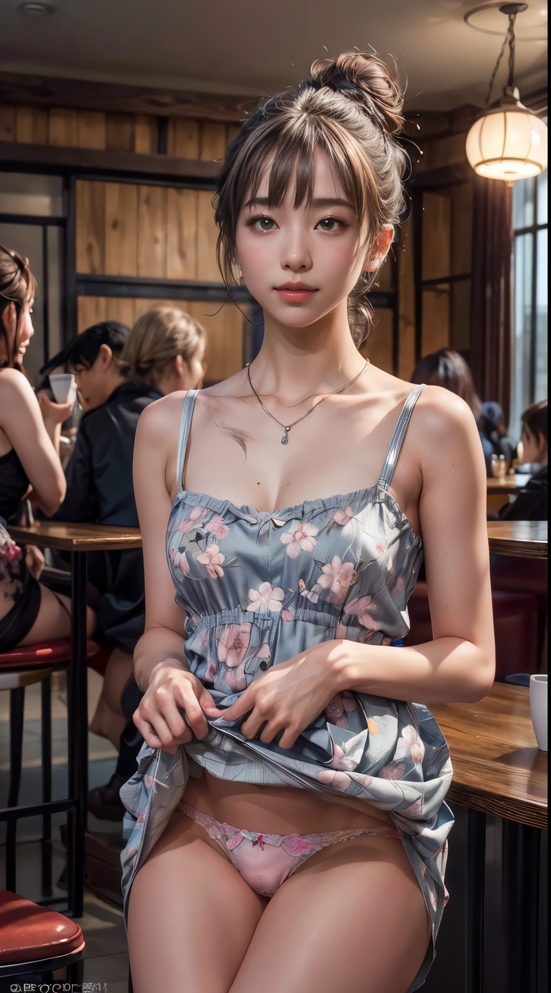 ((beautiful japanese female))、9th class、ultra gigantic tits、Masterpiece Top Quality High Resolution , (((A cafe crowded with many customers)))、Bustling cafe terrace、Sit in a chair、long bangs、(messy bun hair)、((small floral dress))、piercings、a necklace、beauty legs 、As if looking up from below、(((Turn your face away:1.5)))、(((Very shy)))、((Delicate Photos)),(Detailed RAW photos of girls), (masutepiece:1.25), (Best Quality:1.6), (超A high resolution:1.5), (Photorealistic:1.75), 8K resolution, Canon EOS R5, 50 millimeters, absurderes, ultra-detailliert,Cinematic lighting,(((panties slip off)))、skirt rift、someone grabs my skirt、