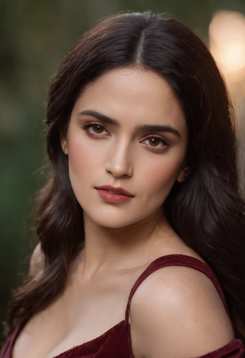 (((a deep reddish wound crosses her left cheek))) fair complexion, Salma Hayek around 19 years old, natural BLack hair, distinctive brown eyes, wearing kohl, slender and graceful, beautiful, candlelight in a medieval setting, ultra sharp focus, realistic shot, medieval female clothes, tetradic colors (scar:1.4)