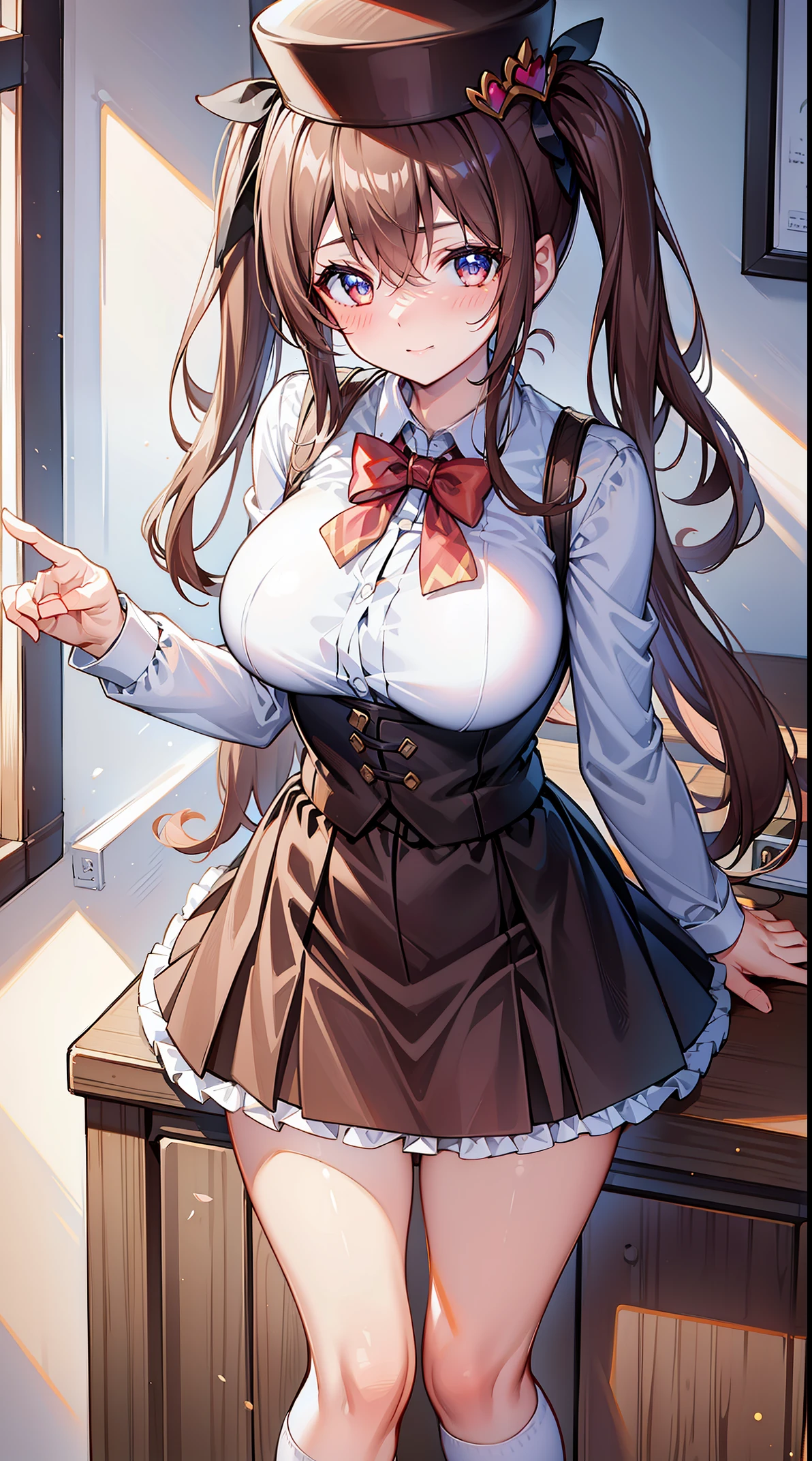 Minami Kotori、Minami Kotori、Brown hair、(Brown Eye Degree:1.5)、One side up、Hair Ribbon、bow ribbon、long、Break the blazer、a blue skirt、jaket、Otonokizaka Uniform、pleatedskirt、student clothes、Winter clothes、Looking for a break viewer、Indoor break、Classroom、BREAK (masterpiece:1.2)、top-quality、hight resolution、unity 8k wall paper、(illustratio:0.8)、(beatiful detailed eyes:1.6)、extra detailed face、Perfect litthing、Highly detailed CG、 (perfect hand、perfect anatomia)、A smile、Naughty big、large full breasts、,(Skirt lift:1.3), (white panties:1.3)、(Skirt that rolls up:1.3)、(Fully exposed panties:1.5),(is standing:1.3)、