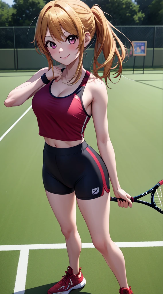spaghetti strap sundress, glasses, red hair, black hairpin, booty, (her clothes are too small), thick thighs, navel, cleavage, tennis shoes, sweaty skin, shiny skin, socks, chubby body, cameltoe, arm up,