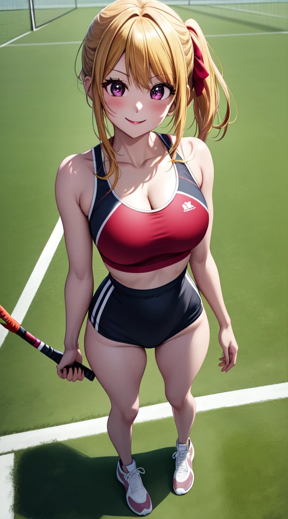 anime, beautiful face, highly detailed face, 2 accurate legs detailed eyes, highly detailed background, perfect lighting, accurate arms, accurate hands, accurate fingers, blonde hair, full body, 1girl, solo, ruby hoshino, oshi no ko, outdoors absurdres, high res, ultrasharp, 8K, masterpiece, looking at viewer, (full body:1.4), teasing smile, gym clothes, tight sports wear, playing tennis, cleavage, on a sports pitch