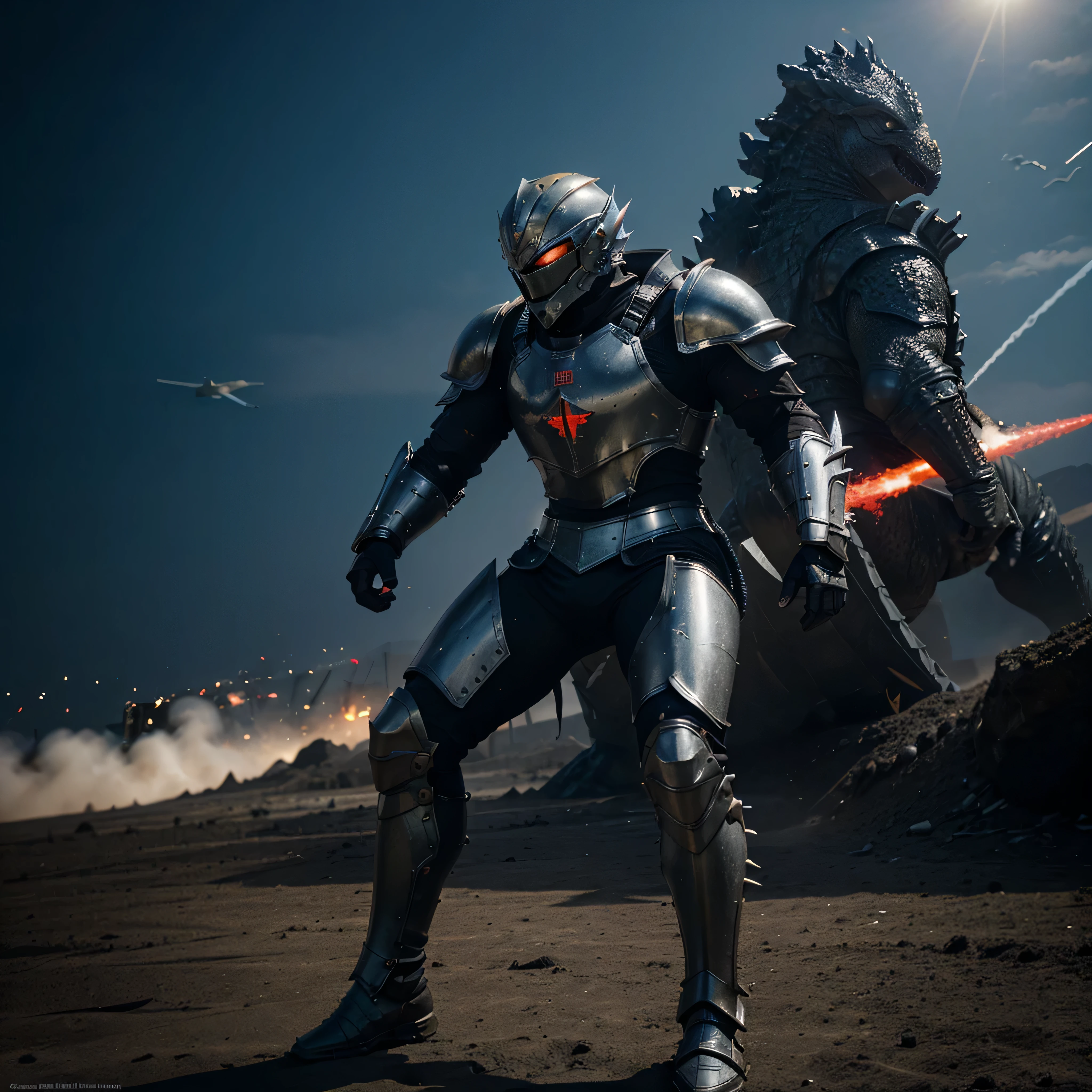 man wearing armor The left arm has red armor. The right arm is black armor. The left leg has yellow armor and a jet. The blue armored right leg has a jet to fight with Godzilla.