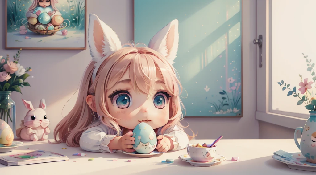 Beautiful little bunny with dreamy eyes, volumetric light, hyper realistic, intricate detail, illustration, painting, watercolor, kawaii chibi, eating easter egg, Aww!, Shallow depth of field, pastel color palette, Soft Lighting, Minimalistic, Modern, Digital painting, art by lois van baarle and ross tran and artgerm, Trending on Artstation HQ, highly detailed