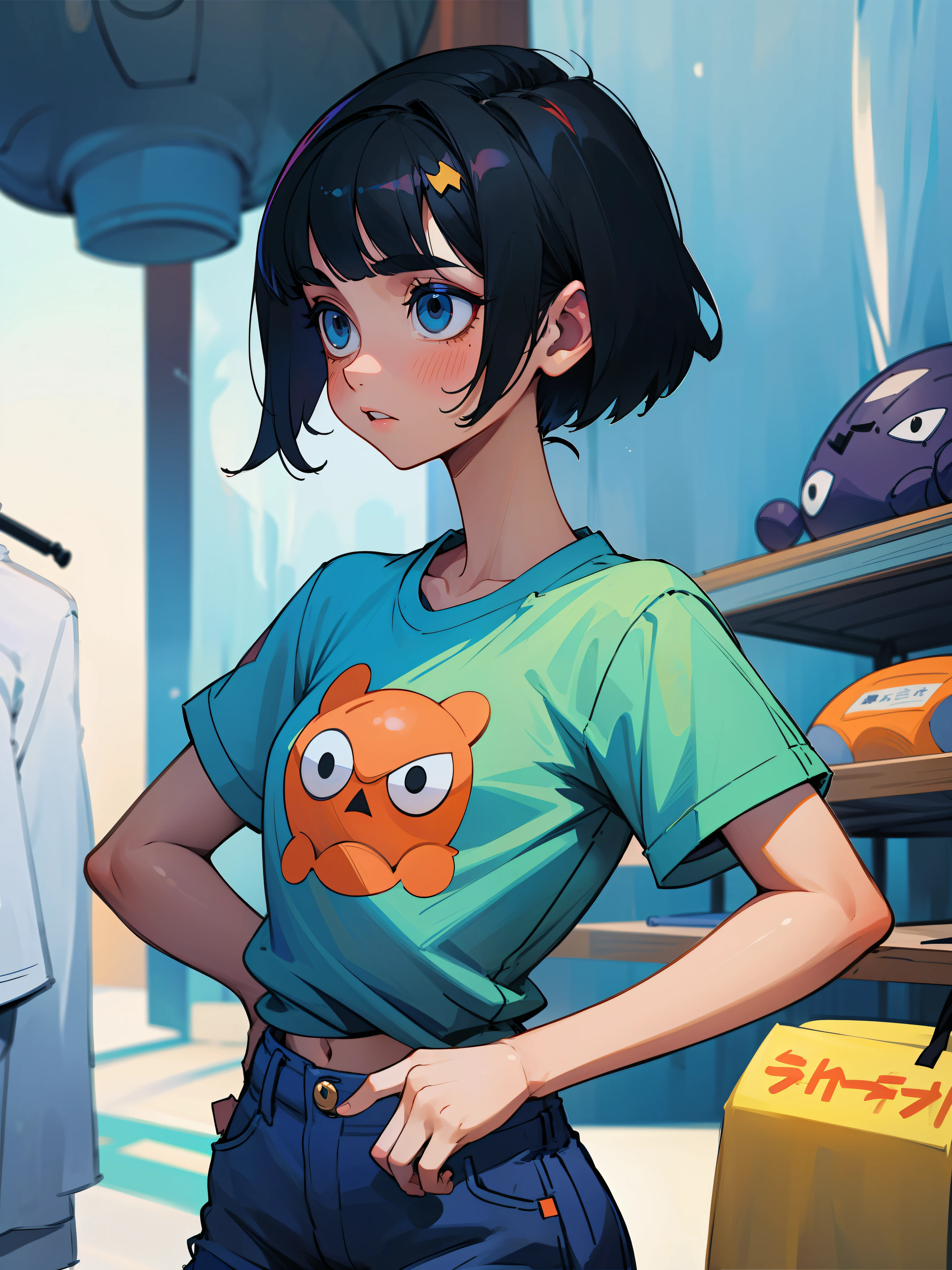Petite woman with black hair short bob、Bukabuka T-shirt、shortpants、skinny body、Clothing Stores