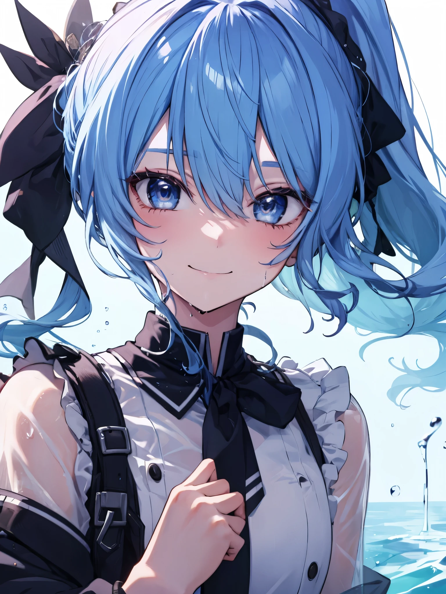 Blue hair, ponytail, blie eyes, smile, cute, detailed eyes, wet eyes,