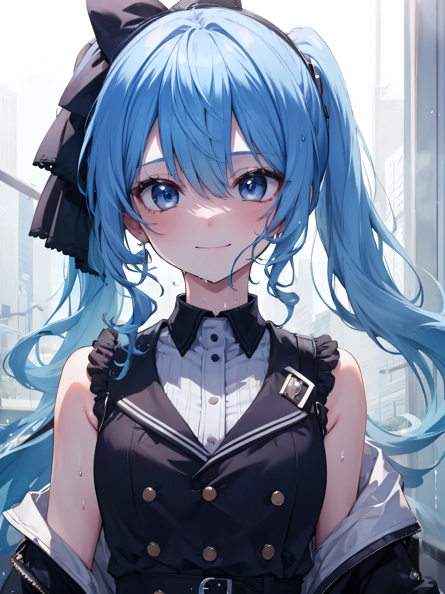 Blue hair, ponytail, blie eyes, smile, cute, detailed eyes, wet eyes,