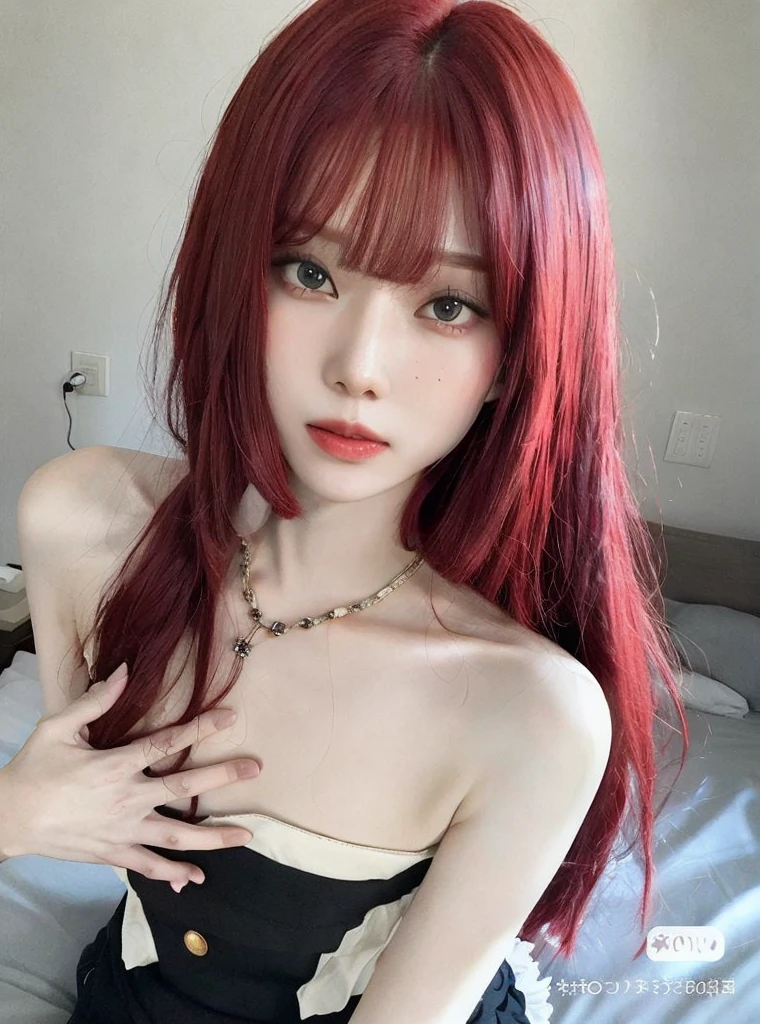 arafed woman com cabelos ruivos posing on a bed, pale red, anime na vida real, com longos cabelos ruivos, Ulzzang, com cabelos ruivos, peruca vermelha, longos cabelos vermelhos lisos, pele vermelha lisa, red hair and attractive features, ela tem cabelos ruivos, branco hime corte penteado, glowing crimson head, Cor vermelha, cabelos longos com franja