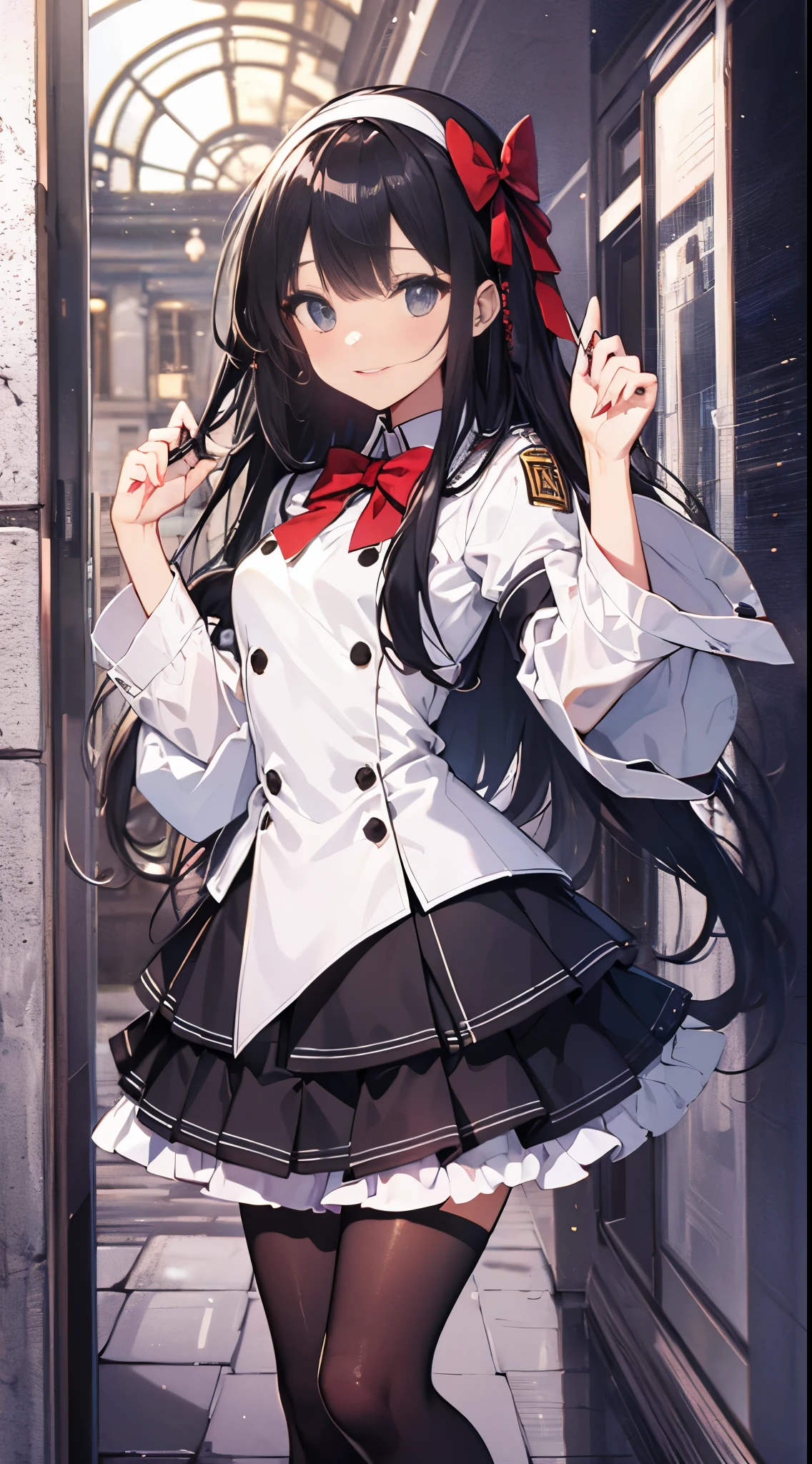 ((4K、8K、quality、Perfect Finger: 1.Perfect anatomy: 1.3、The background is blurred out))、(Transform the sequence)、((a beautiful slender girl、Shy Laughter、Cute big droopy eyes、Long straight hair with sides facing up、12year old girl、Small bust uniform tights、longer sleeves、Ornately decorated headband))、(high legs)、Permanent、Full body depiction、wide wide shot、In the noble hall、