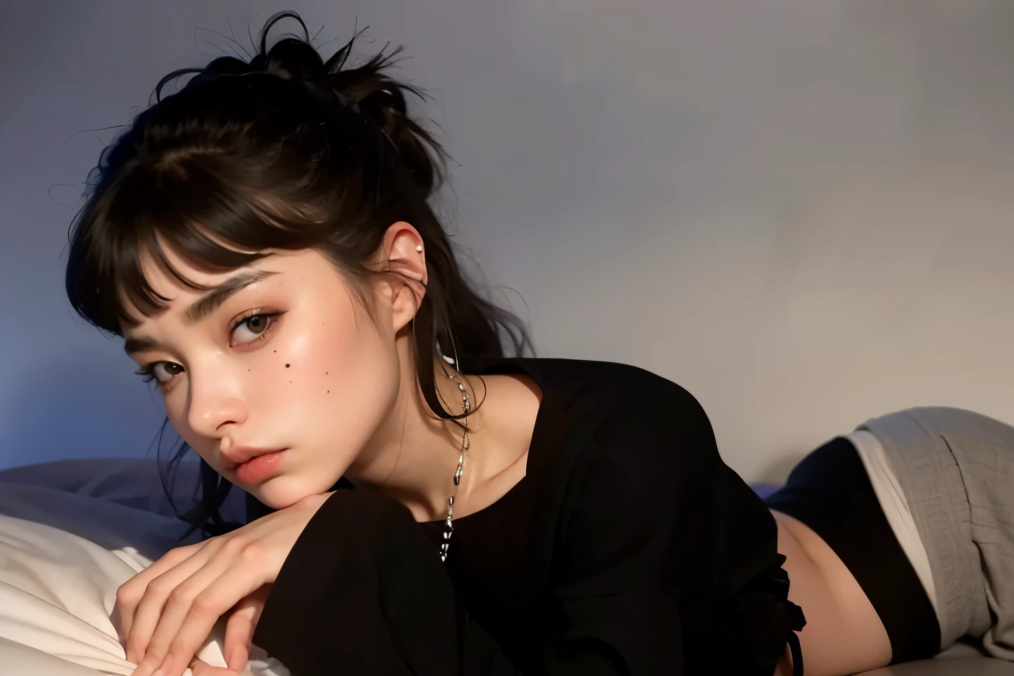 Korean woman lying on a bed with her hand on her chin, 1 7 -  - old h girl, she parece uma mistura de grimes, parece uma mistura de grimes, assemelhando-se a uma mistura de grimes, pale goth beauty, parece uma mistura de grimes, goth girl aesthetic, pale fair skin!!, com rabo-de-porco preto, franja fofa