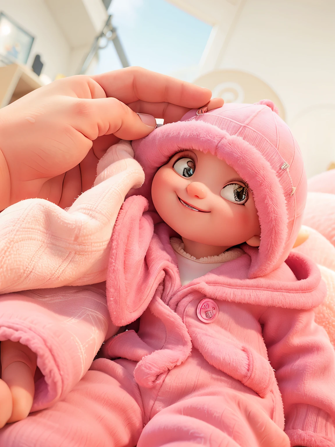  smiling, with pink jumpsuit and hood, held by one hand, alta qualidade, olhos fechados, respecting existing traits.