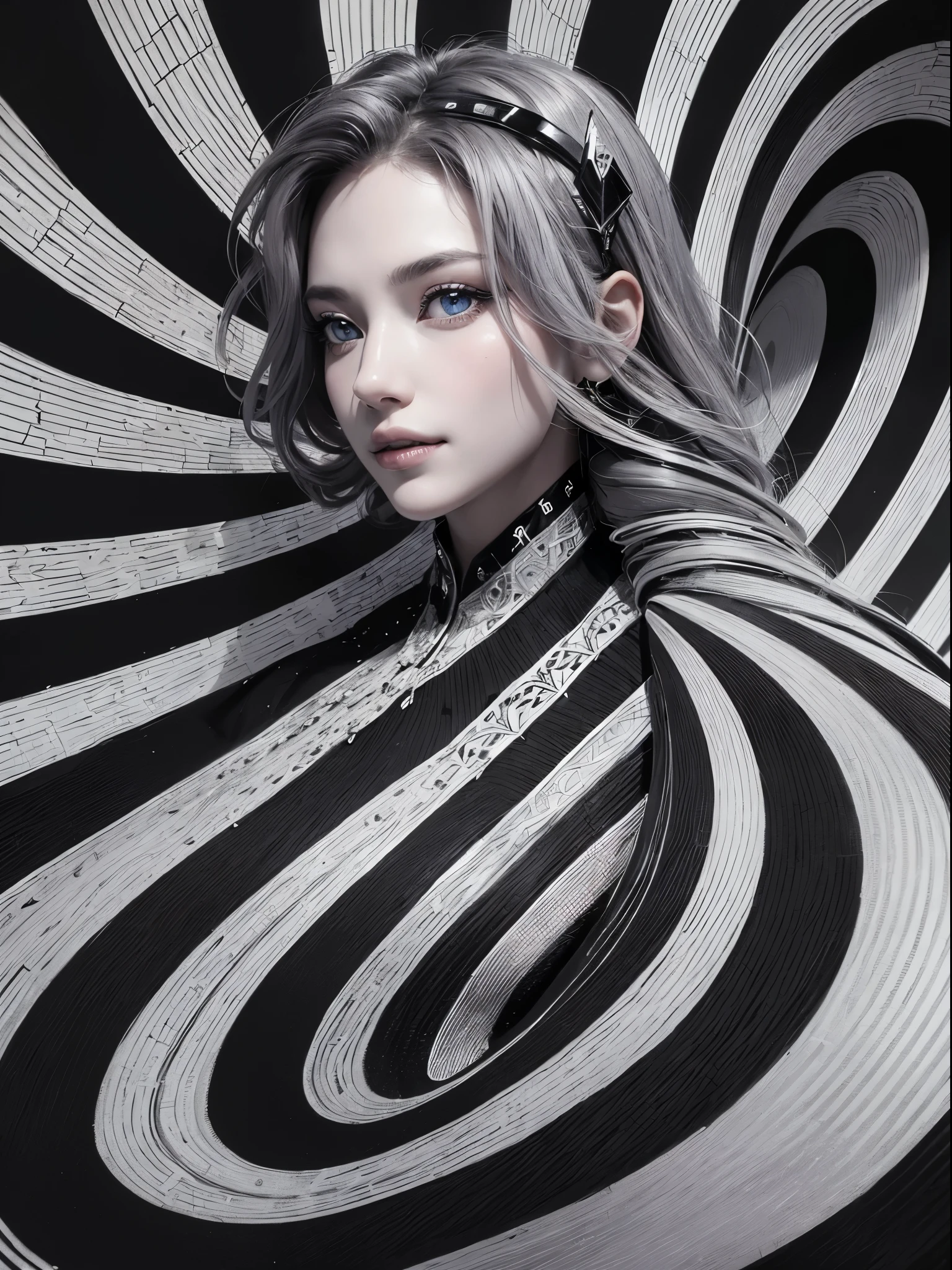 (Realistic:1.8), (Digital art:0.2), (Geometric art:1.7),(agpi official art, beautiful and aesthetic, ultra detailed, beautiful, masterpiece, best quality:1.6), (1girl:1.2), Detailed face, Detailed eyes, Detailed hair, young fingers, Detailed fingers, five fingerREAK cute ig model, Japanese cute model, 22 years old, Tightened all body, small head, small face, small mouth, diamond Face, small nose, Sharp Faceline, (dropy eyes, Double eyelid, Light color eyes, Glossy eyes, Shiny eyes:1.2), Shiny skin, shiny hair, (gray hair:1.2),
_
BREAK (happy, smile, Teeth, Glossy Lip:1.2),beautiful Teeth, (upper body:1.5), sitting, from front,
_
BREAK (BLACK and White theme:1.4), (view:1.2), (close-up emphasizing sweatshirt details:1.2), BREAK (black theme:1.2), (oversized black hoodie with geometric cutouts and patterns:1.2), (white skinny leggings with subtle geometric patterns:1.2),