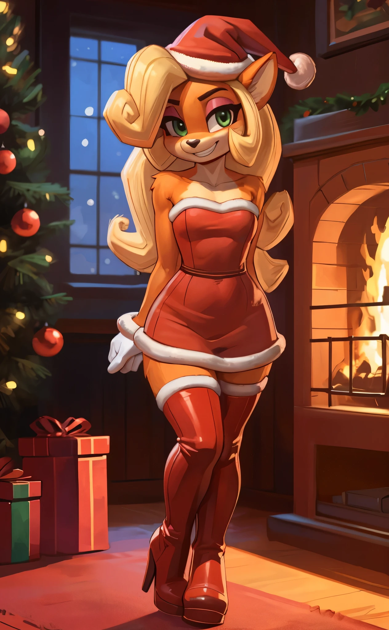 Blonde polar bear woman, wearing a backless Santa dress, ((best quality)), ((masterpiece)), (detailed), perfect face, blue eyes, big breasts, cleavage, big butt