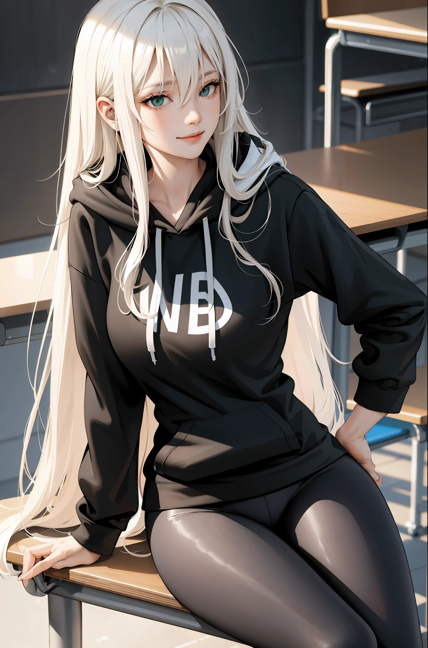(masterpiece:1.2, best quality), (real picture, intricate details), 1lady, solo, upper body, showing legs, sitting down, school, school settings, long hair, minimal makeup, detailed face, smiling, really long light platinum blonde hair, bangs, hair between eyes, green eyes, big plump breasts, big ass, SFW, clothes, leggings, leggings pants, leggings, oversized hoodie, hoodie, leggings and hoodie, hoodie and leggings, (school classroom), (school), (cute), (innocent)
