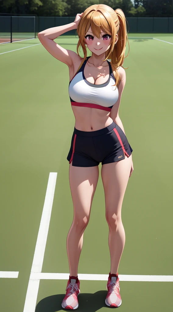anime, beautiful face, highly detailed face, 2 accurate legs detailed eyes, highly detailed background, perfect lighting, accurate arms, accurate hands, accurate fingers, blonde hair, full body, 1girl, solo, ruby hoshino, oshi no ko, outdoors absurdres, high res, ultrasharp, 8K, masterpiece, looking at the opponent, (full body:1.4), teasing smile, gym clothes, tight sports wear, playing tennis against someone, cleavage, on a sports pitch