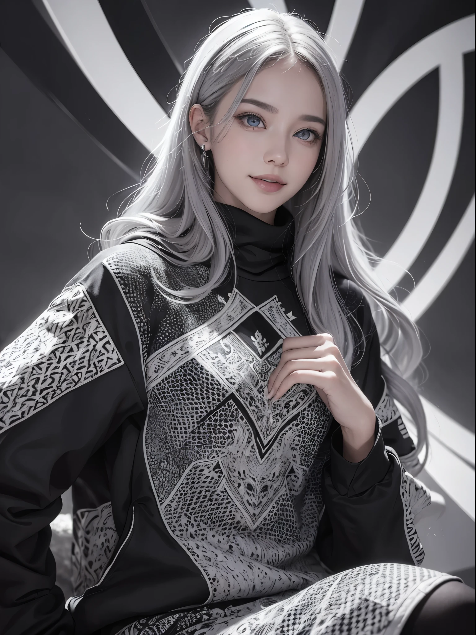 (Realistic:1.8), (Digital art:0.2), (Geometric art:1.7),(agpi official art, beautiful and aesthetic, ultra detailed, beautiful, masterpiece, best quality:1.6), (1girl:1.2), Detailed face, Detailed eyes, Detailed hair, young fingers, Detailed fingers, five fingerREAK cute ig model, Japanese cute model, 22 years old, Tightened all body, small head, small face, small mouth, diamond Face, small nose, Sharp Faceline, (dropy eyes, Double eyelid, Light color eyes, Glossy eyes, Shiny eyes:1.2), Shiny skin, shiny hair, (gray hair:1.2),
_
BREAK (happy, smile, Teeth, Glossy Lip:1.2),beautiful Teeth, (upper body:1.5), sitting, from front,
_
BREAK (BLACK and White theme:1.4), (view:1.2), (close-up emphasizing sweatshirt details:1.2), BREAK (black theme:1.2), (oversized black hoodie with geometric cutouts and patterns:1.2), (white skinny leggings with subtle geometric patterns:1.2),