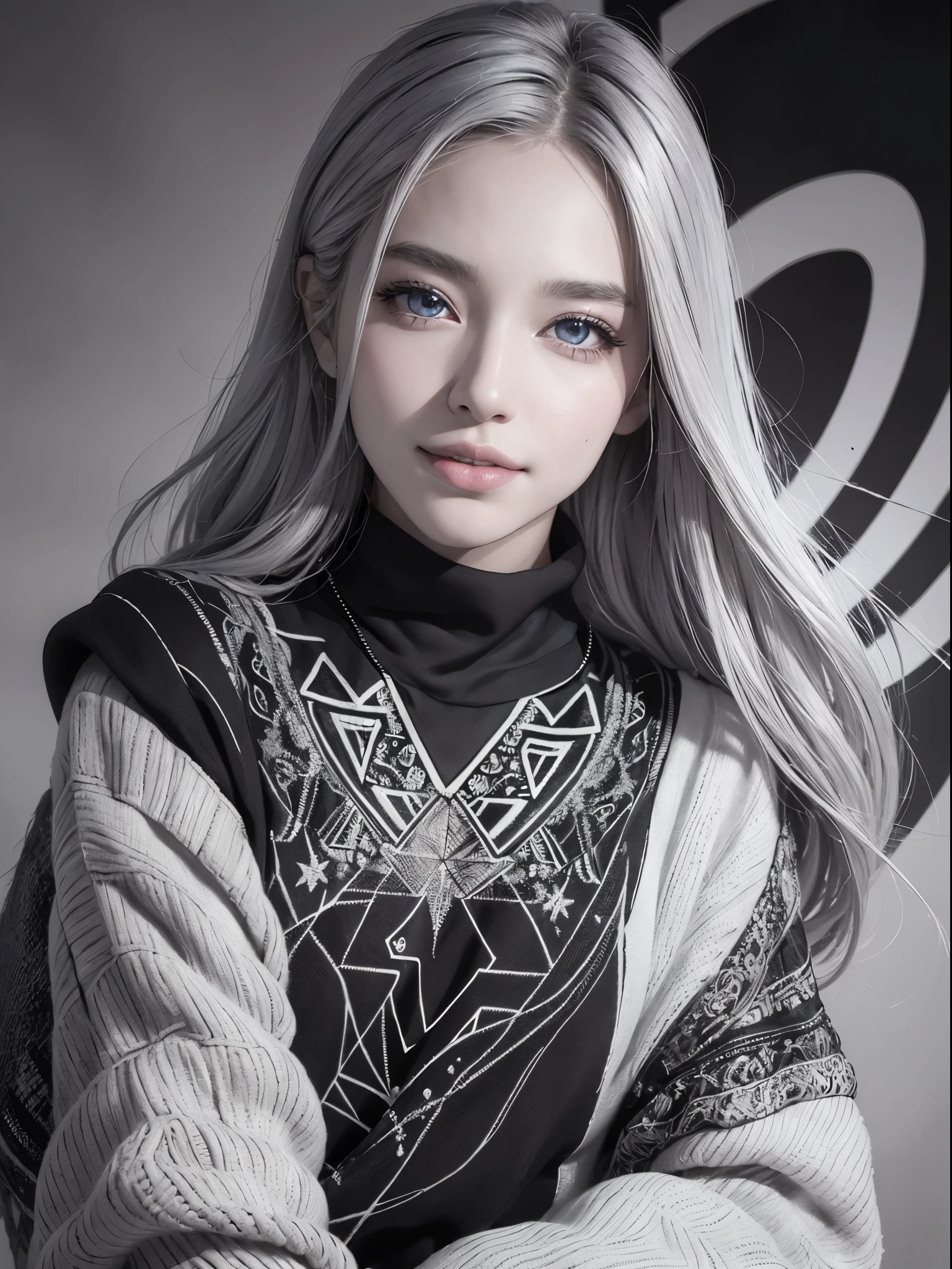 (Realistic:1.8), (Digital art:0.2), (Geometric art:1.7),(agpi official art, beautiful and aesthetic, ultra detailed, beautiful, masterpiece, best quality:1.6), (1girl:1.2), Detailed face, Detailed eyes, Detailed hair, young fingers, Detailed fingers, five fingerREAK cute ig model, Japanese cute model, 22 years old, Tightened all body, small head, small face, small mouth, diamond Face, small nose, Sharp Faceline, (dropy eyes, Double eyelid, Light color eyes, Glossy eyes, Shiny eyes:1.2), Shiny skin, shiny hair, (gray hair:1.2),
_
BREAK (happy, smile, Teeth, Glossy Lip:1.2),beautiful Teeth, (upper body:1.5), sitting, from front,
_
BREAK (BLACK and White theme:1.4), (view:1.2), (close-up emphasizing sweatshirt details:1.2), BREAK (black theme:1.2), (oversized black hoodie with geometric cutouts and patterns:1.2), (white skinny leggings with subtle geometric patterns:1.2),